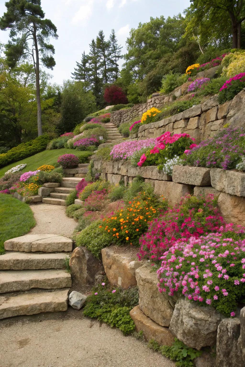 Terraced rock walls add depth and charm to any garden.