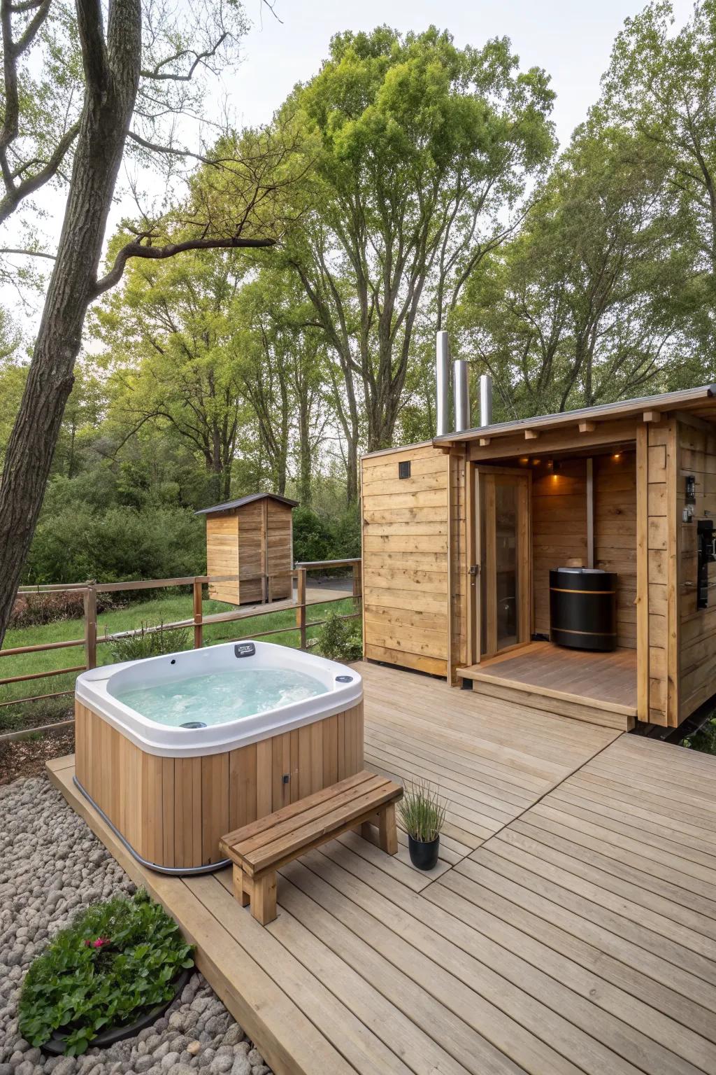 Natural wood materials create a harmonious outdoor sauna and hot tub space.