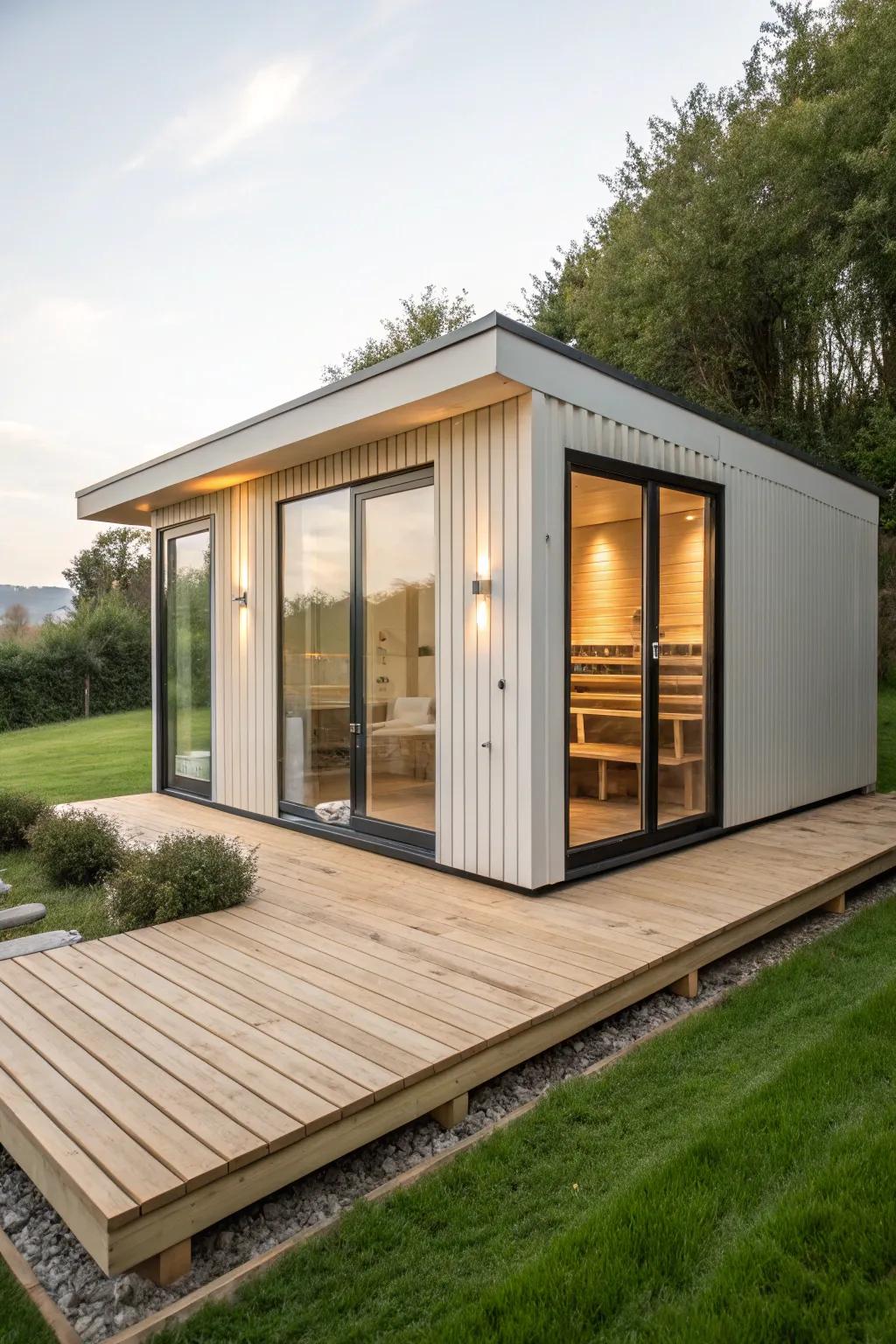 A modern minimalist sauna that seamlessly integrates into its surroundings.