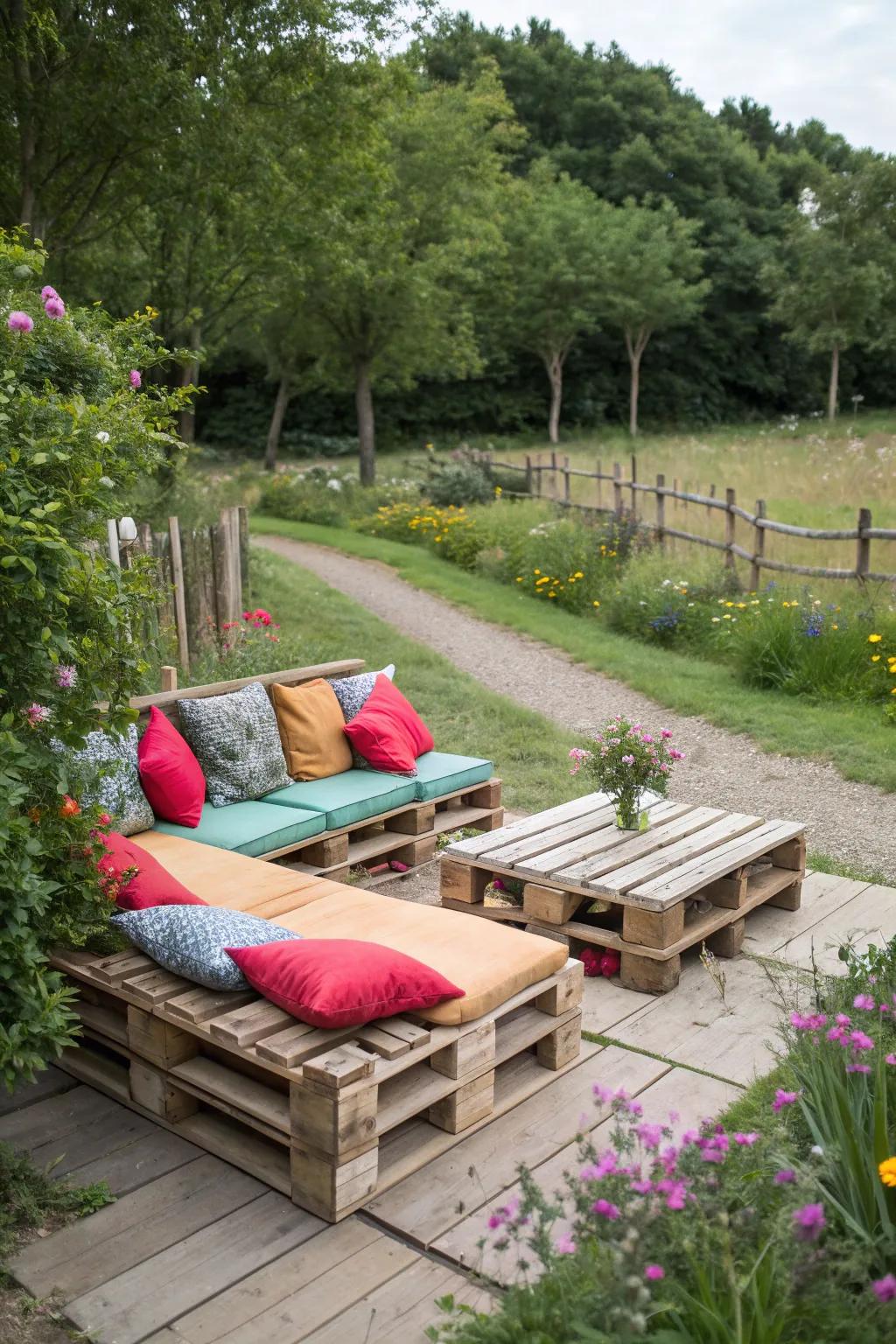 Create rustic charm with pallet seating adorned with vibrant cushions.