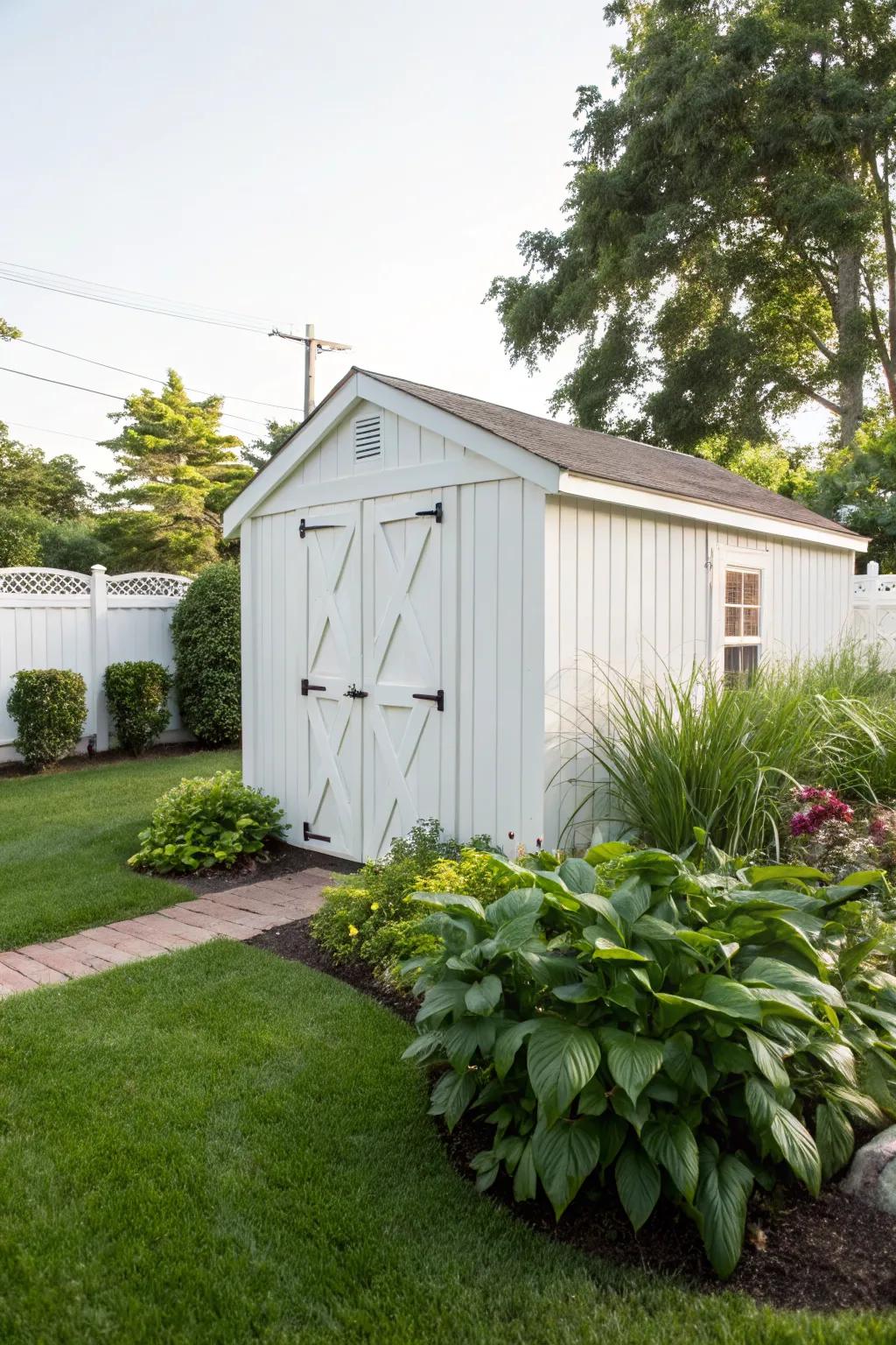 A white shed stands out as a pristine focal point in a garden setting.