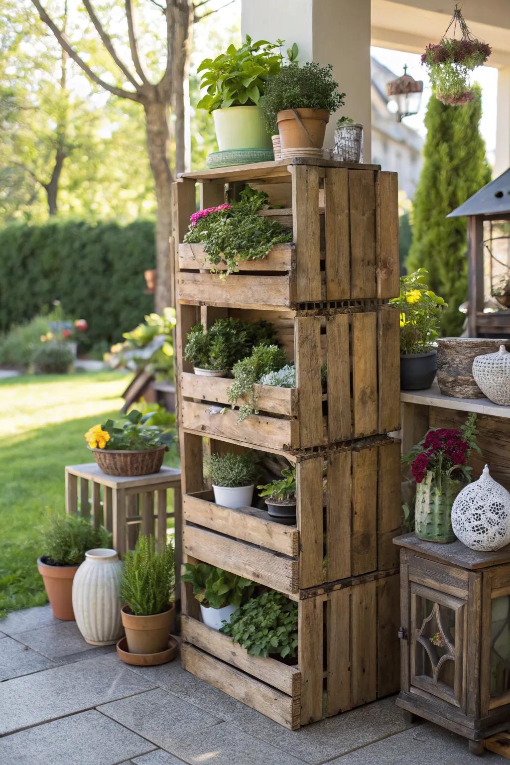 Rustic wooden crates make for versatile and stylish garden shelves.