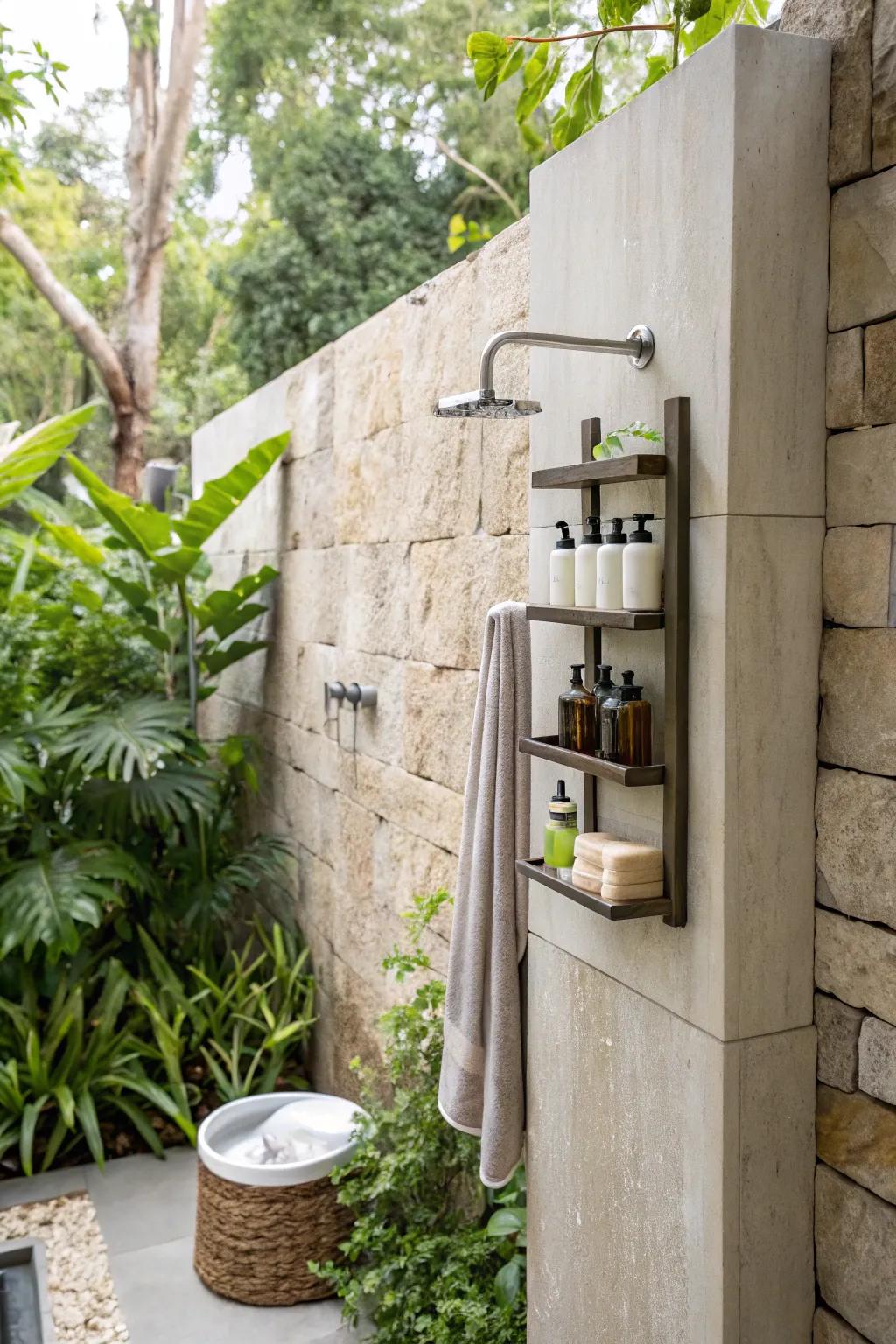 Wall-mounted caddies offer easy access and keep your shower organized.