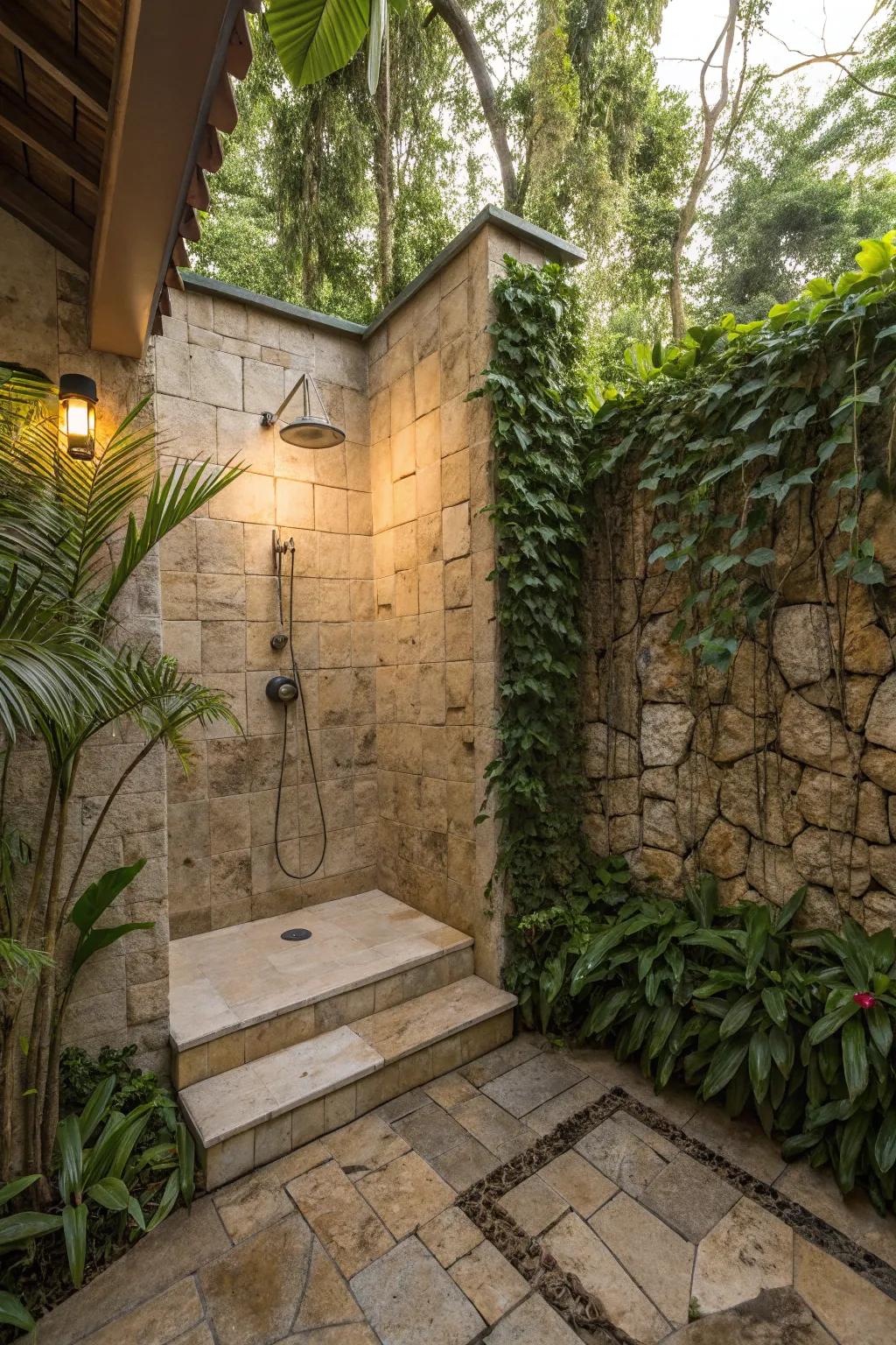 A rustic outdoor shower with natural stone tiles creating a harmonious blend with nature.