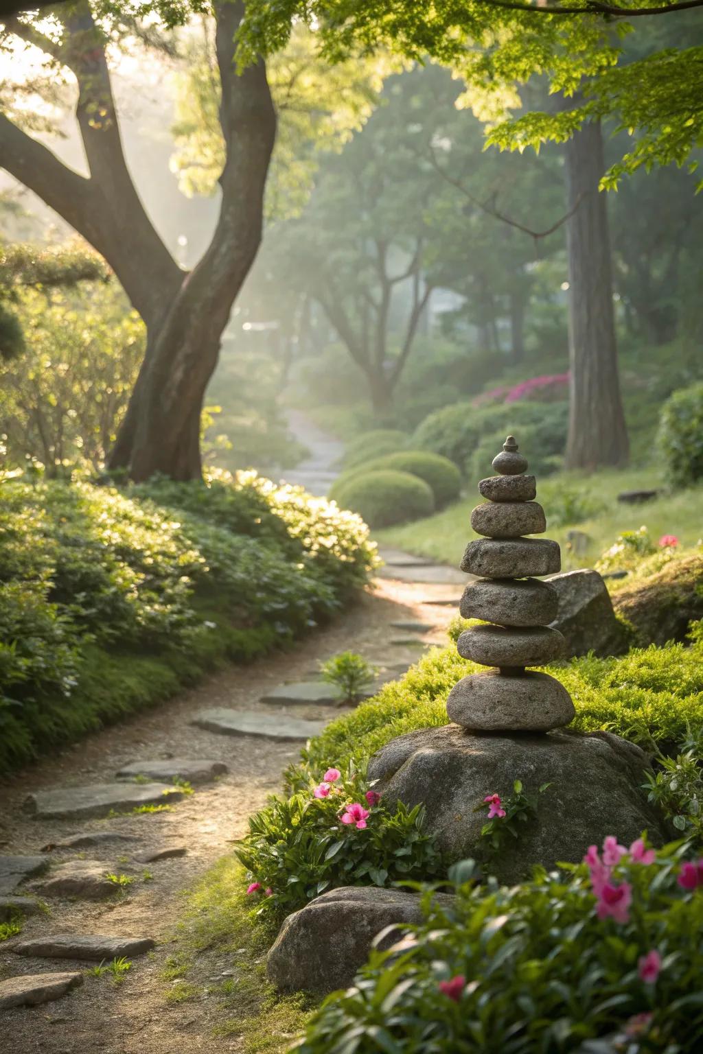 A stone cairn provides a touch of ancient wisdom in your garden