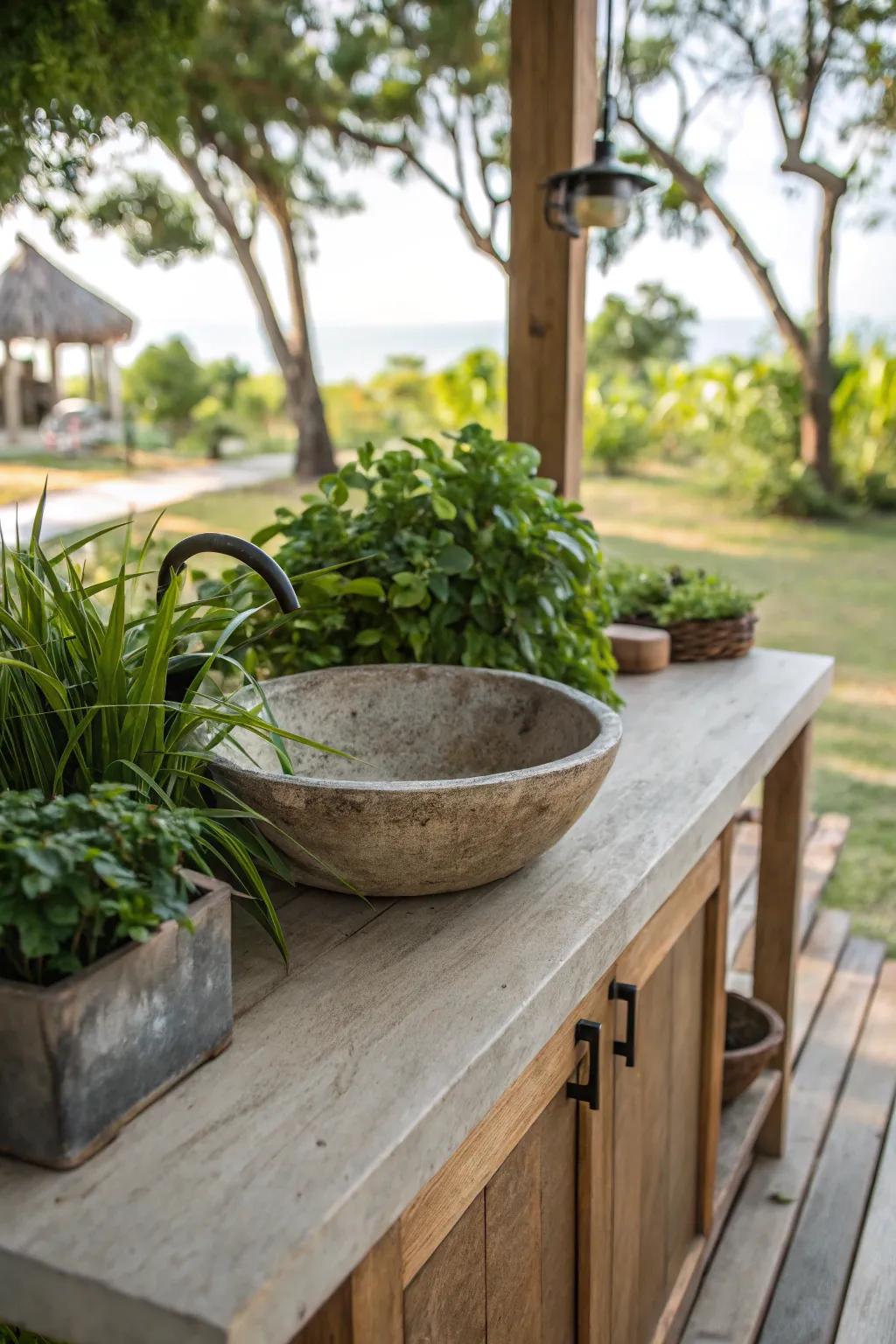Rustic outdoor sink with a wooden counter, blending seamlessly with nature.