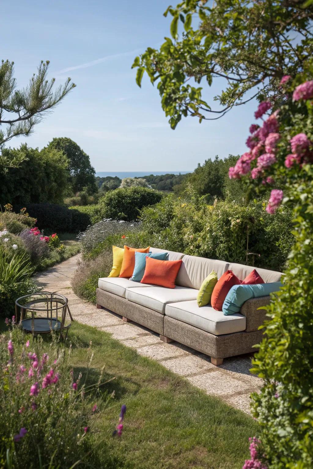 A comfortable sectional sofa with colorful cushions, ideal for outdoor relaxation.