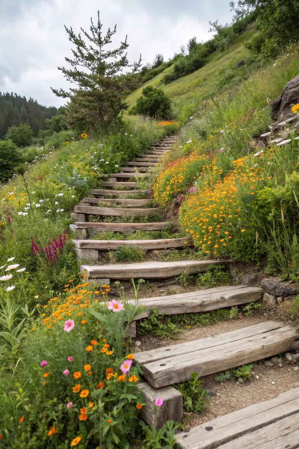Rustic wooden steps that blend beautifully with a natural garden setting.