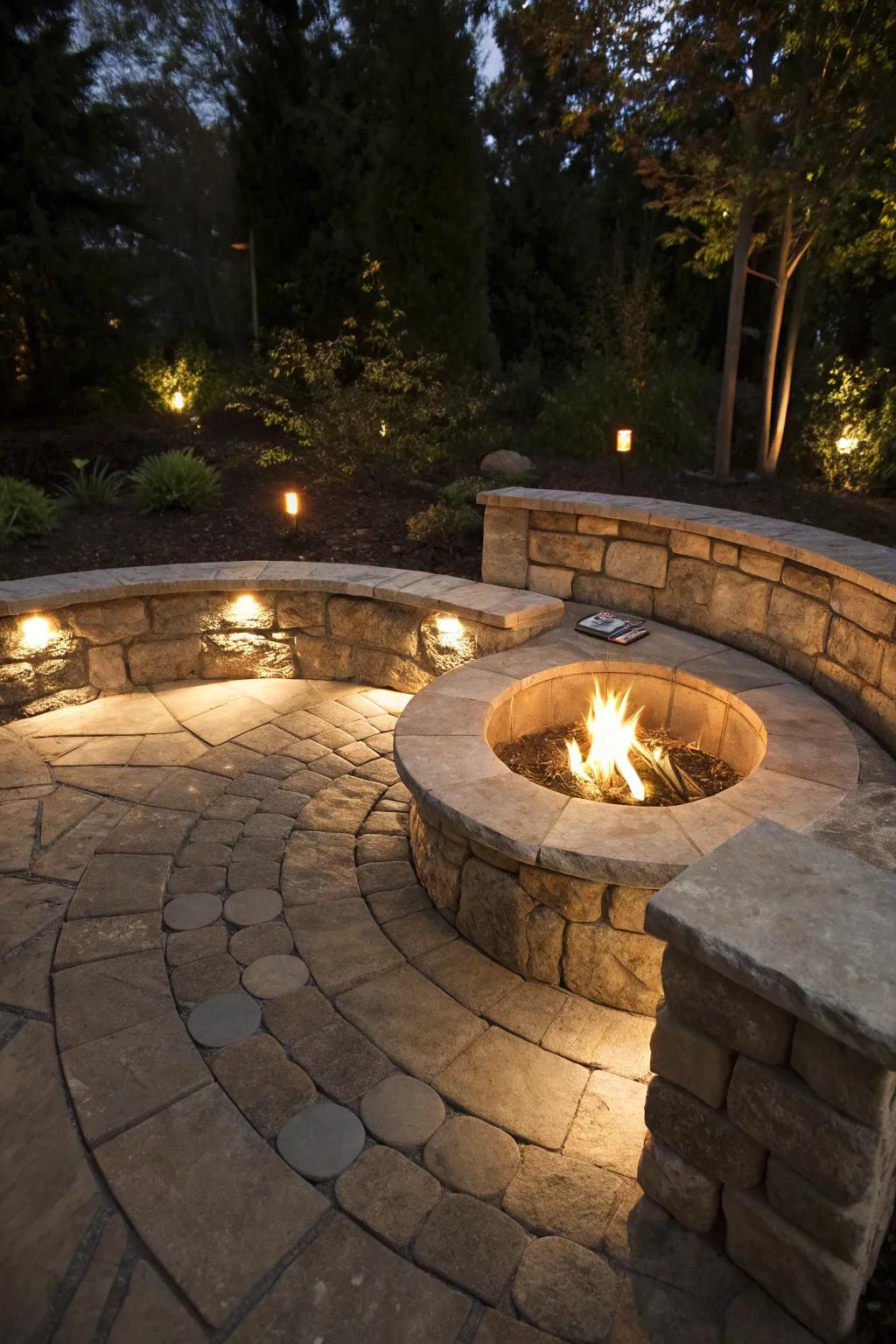 A cozy fire pit area with stone benches for intimate gatherings.