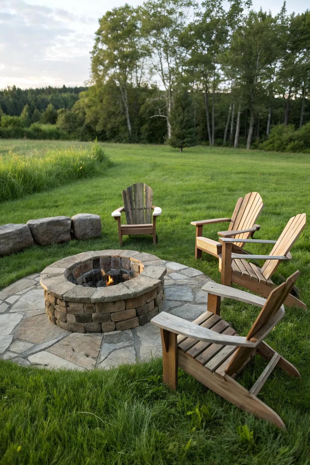 A classic round stone fire pit surrounded by wooden chairs, inviting relaxation.