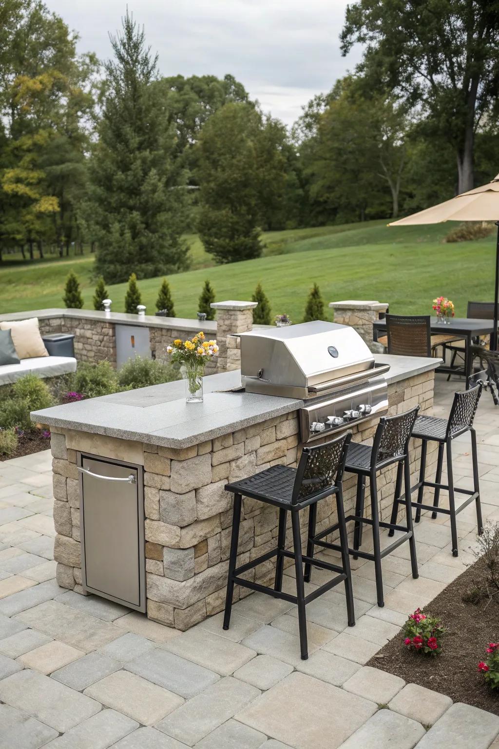 A stone grill island that doubles as a social hub.