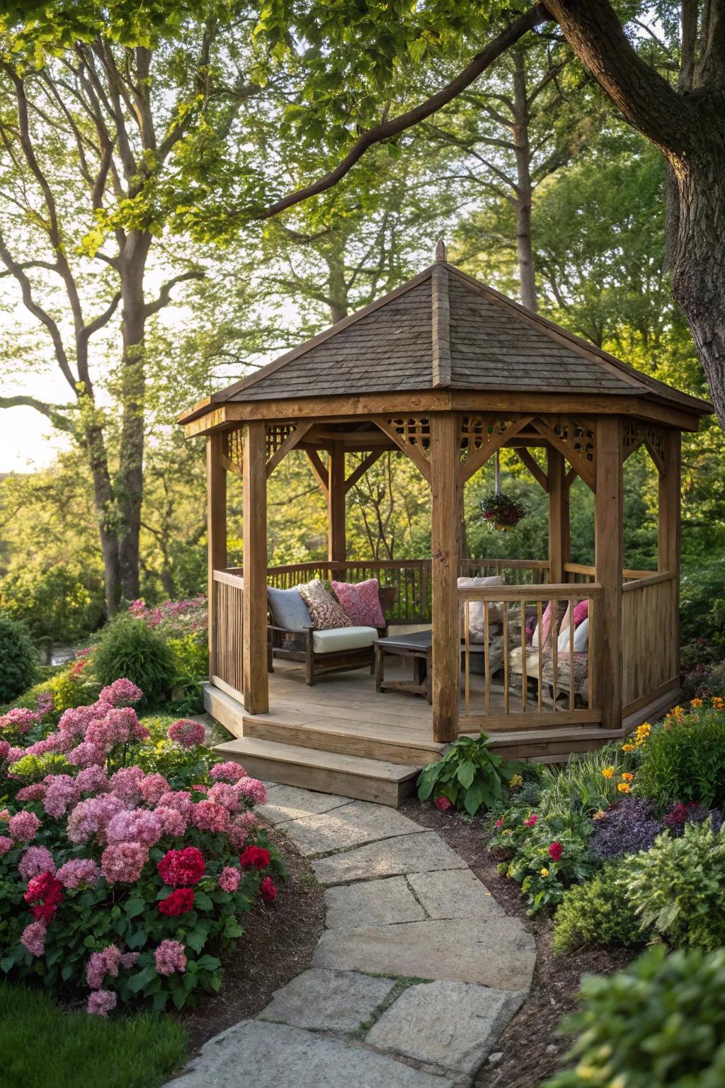 Create a serene escape with a cozy gazebo.