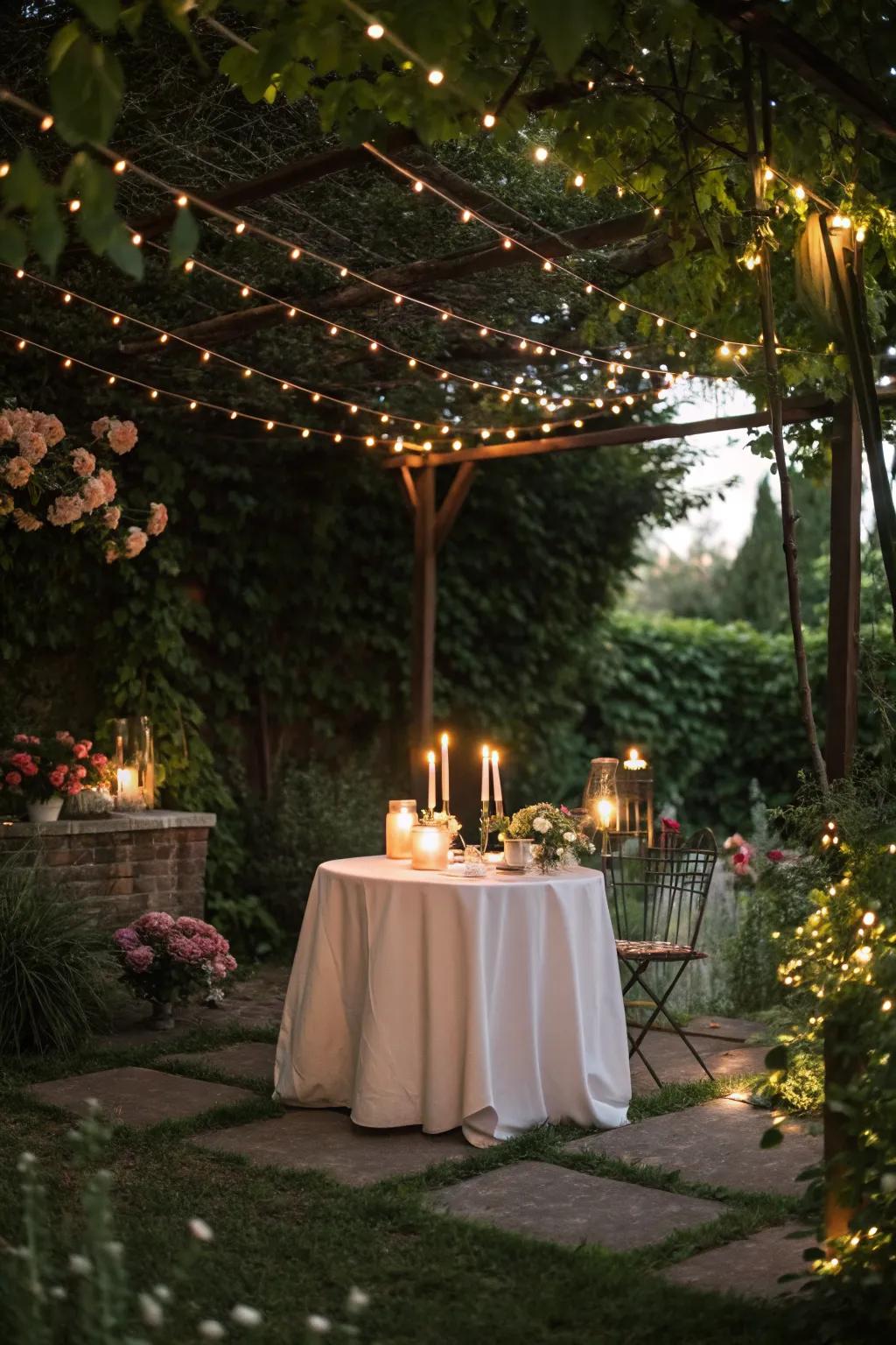 String lights create a starry canopy over a cozy outdoor table.