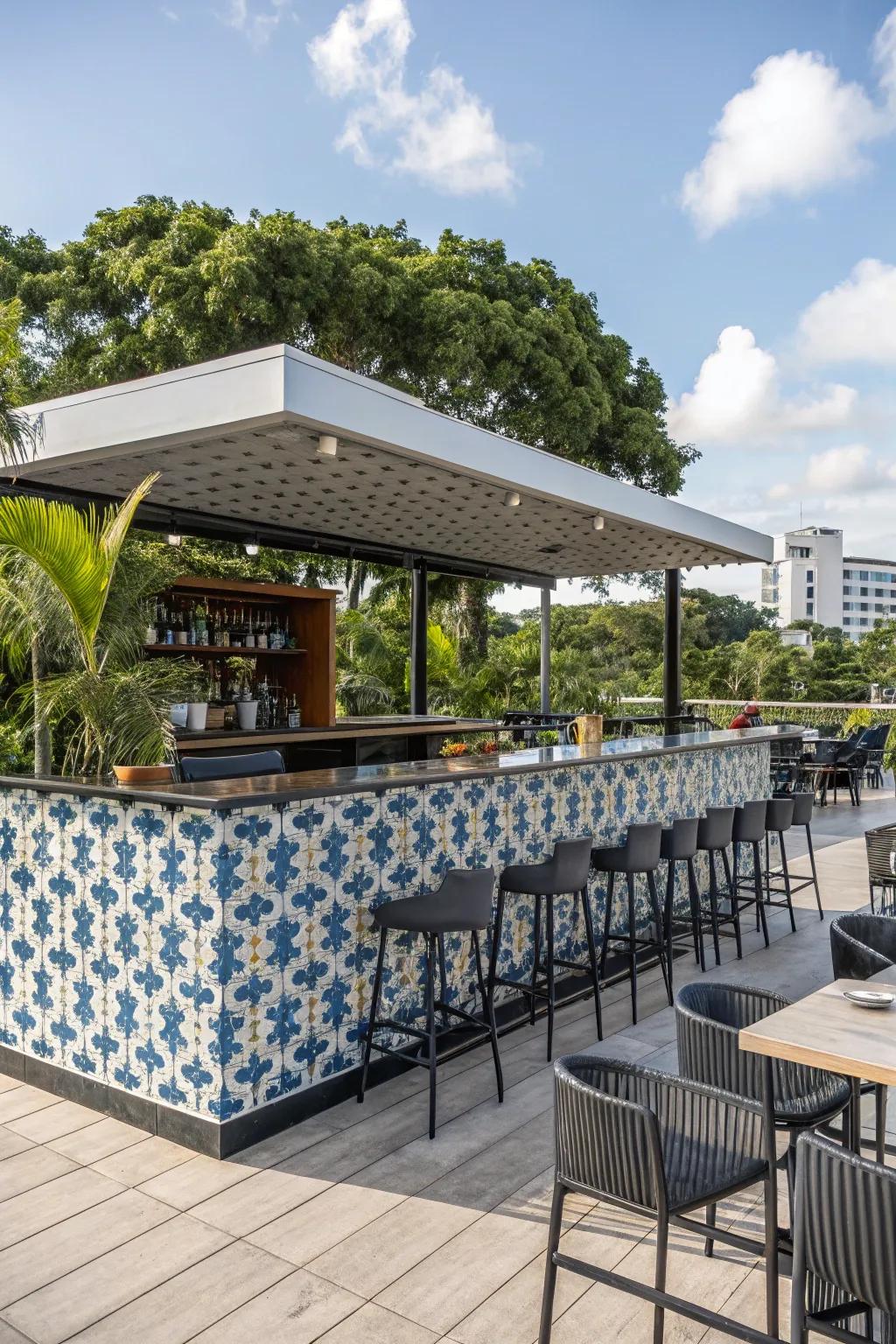 A striking outdoor bar featuring geometric patterned tiles