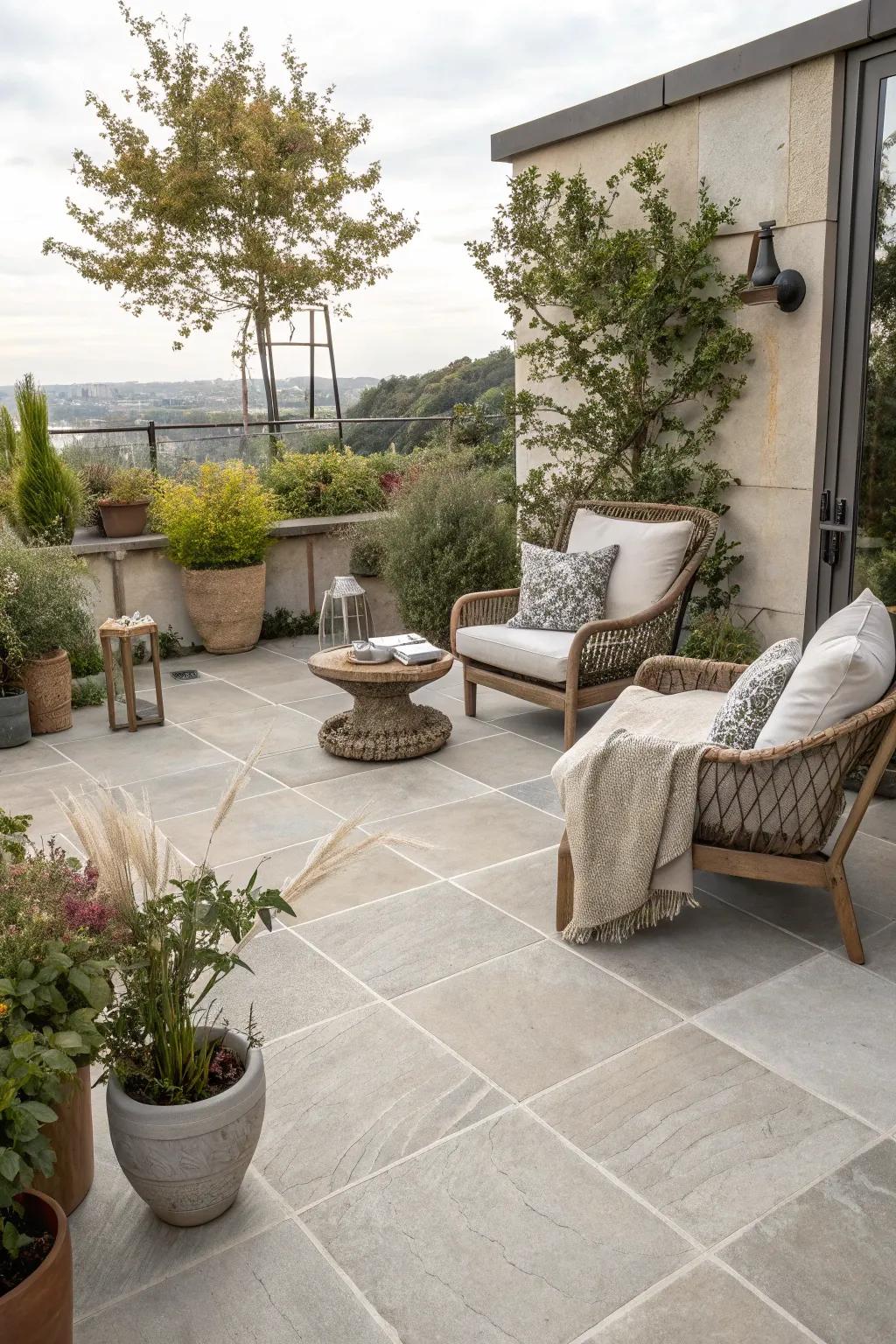 Large format tiles create a seamless and expansive outdoor patio.