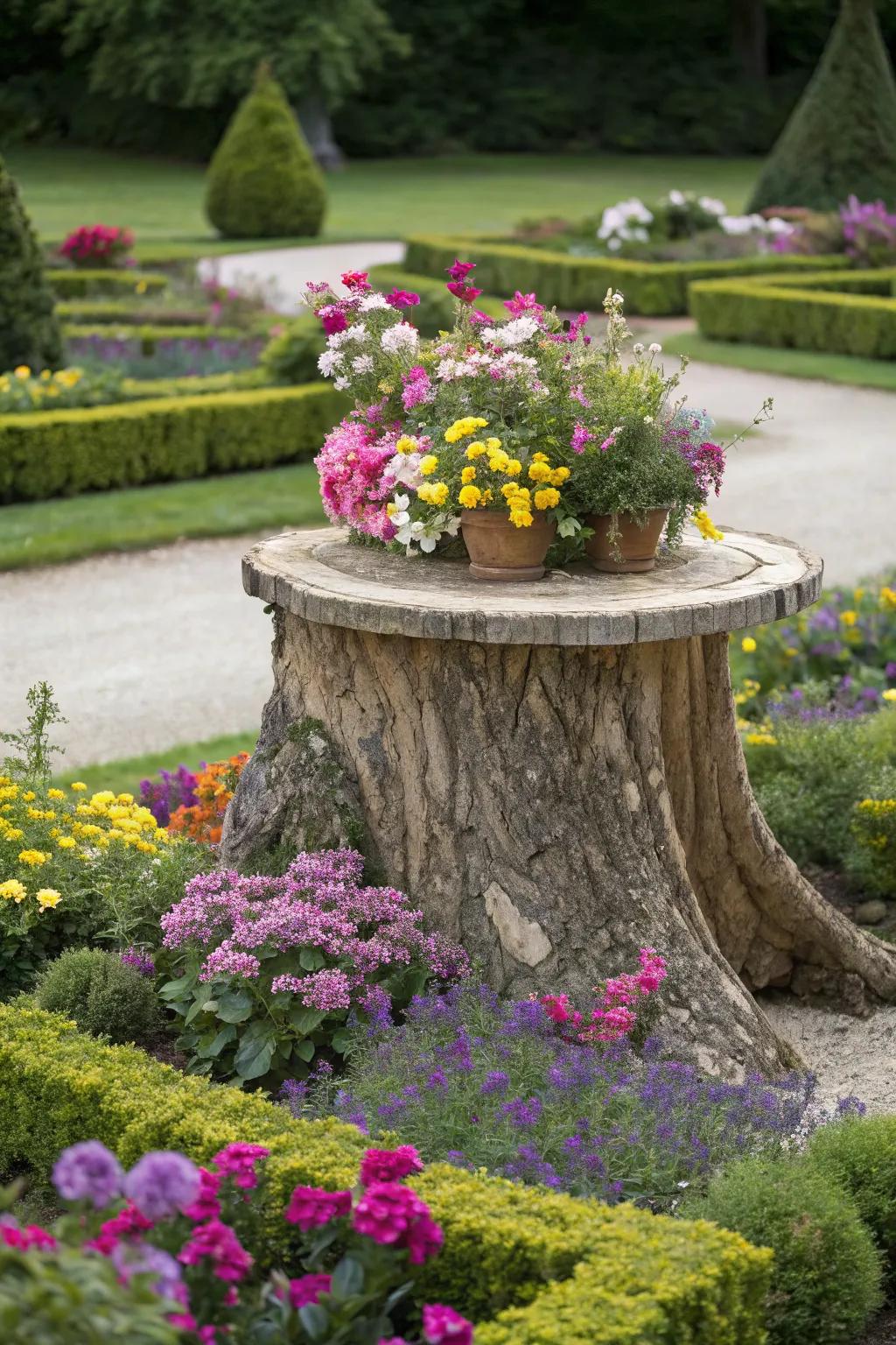 A tree stump table as the centerpiece of a flourishing garden.