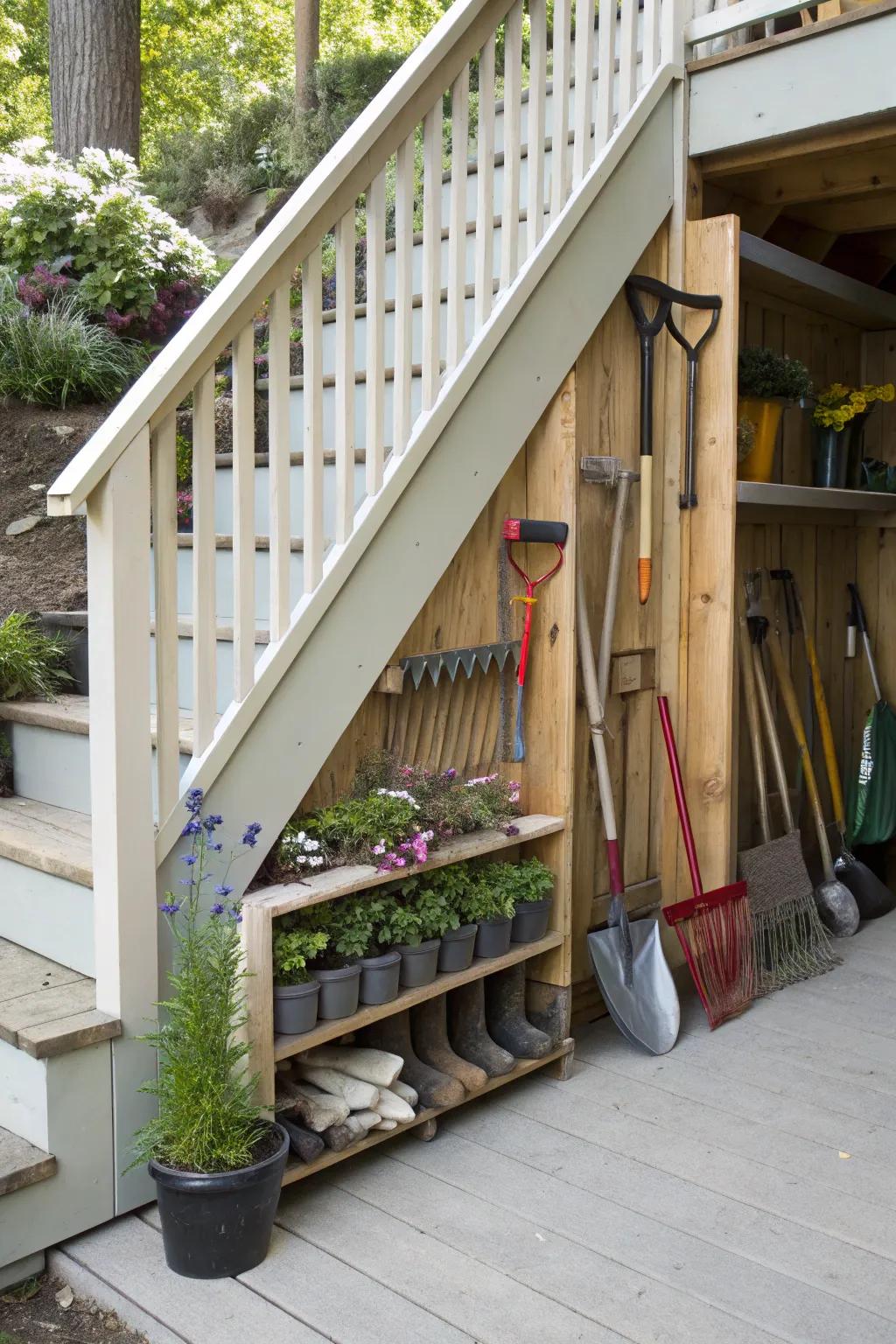 Optimize your outdoor space with a tidy garden tool storage solution under your stairs.