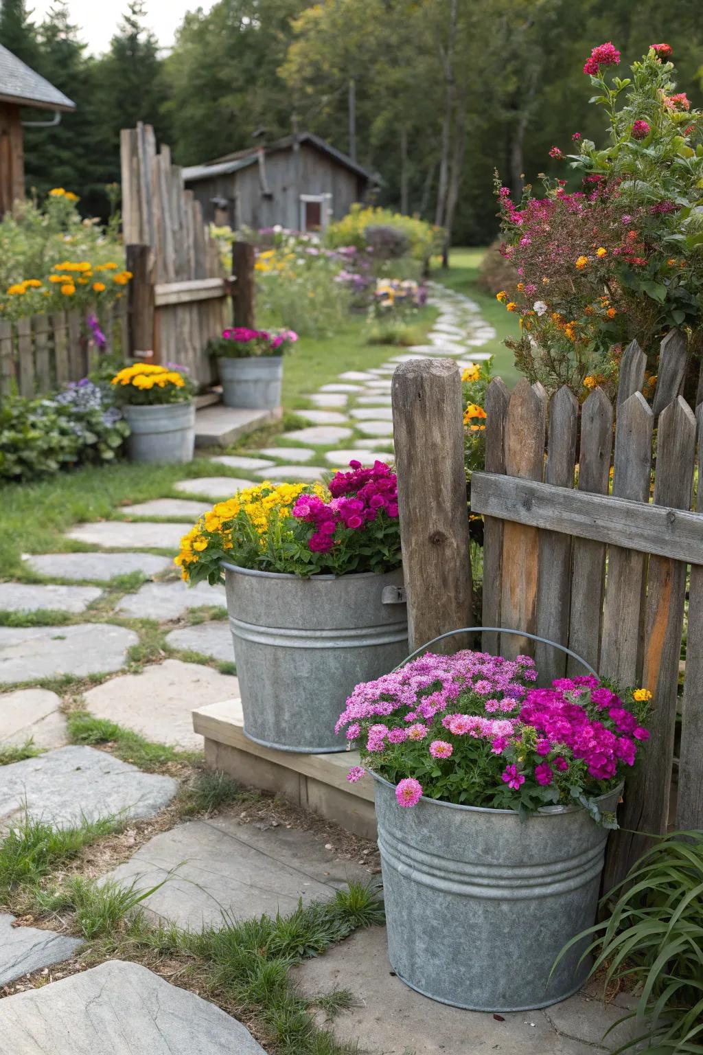 Rustic galvanized buckets overflowing with vibrant flowers.