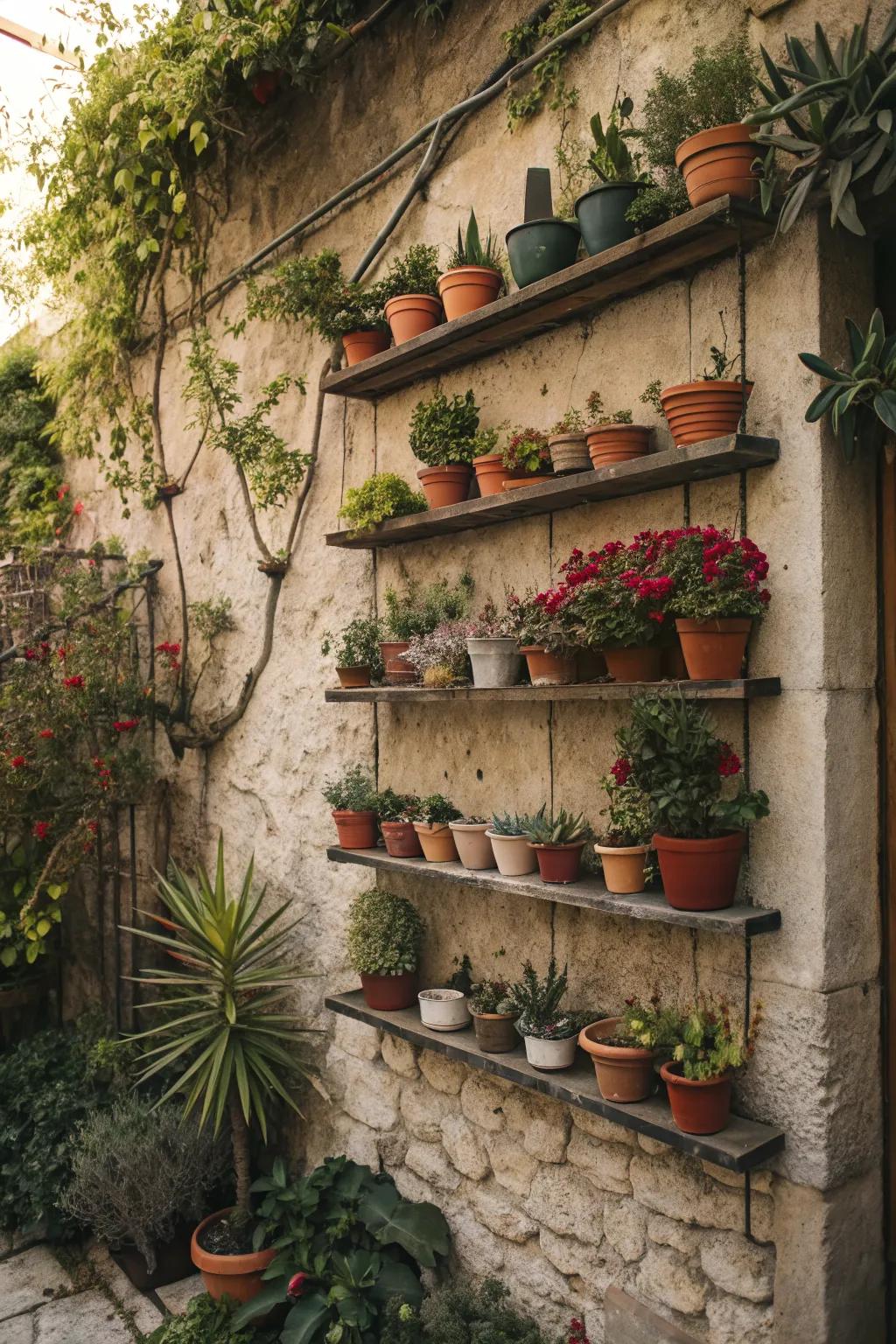 A vertical garden created with small pots on outdoor shelves.
