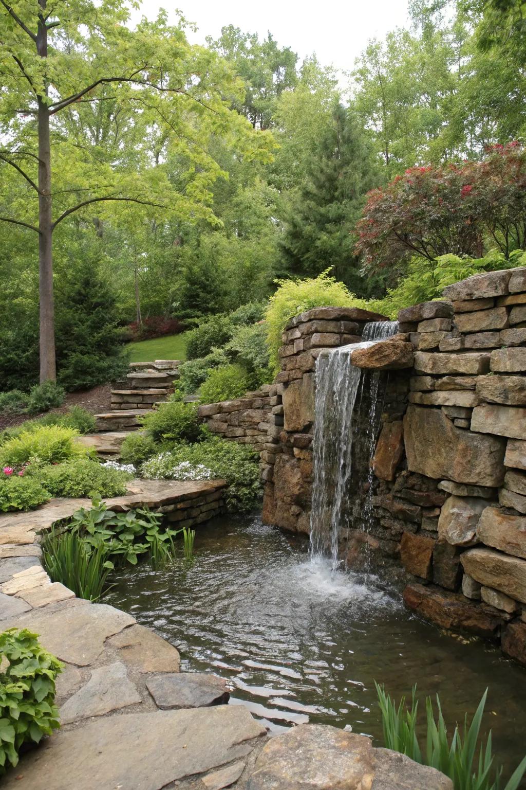 A natural stone waterfall adds rustic charm to any garden.