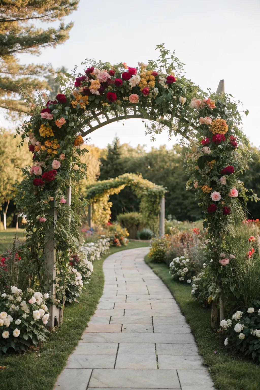 A romantic floral arch at a garden wedding altar.