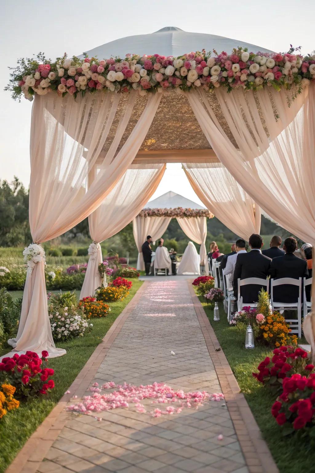 Elegant fabric canopies creating a romantic shaded area.