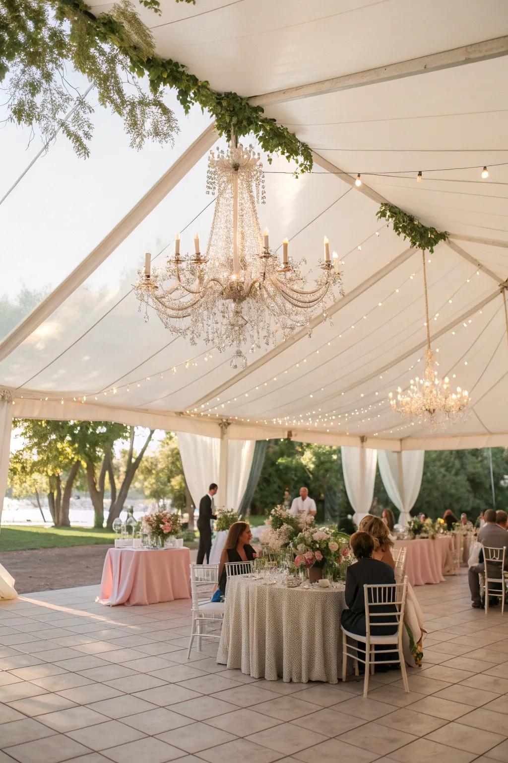 Chandeliers add a touch of elegance to your wedding tent.