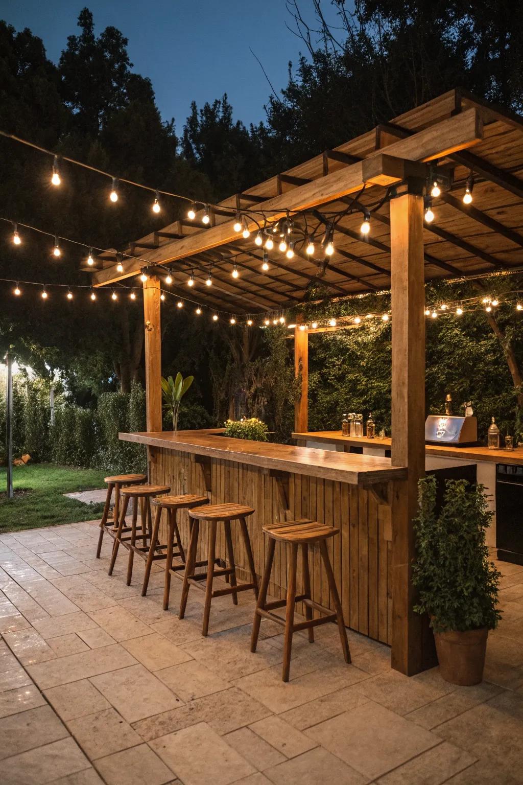A charming wood bar under a pergola, adorned with string lights for added ambiance.
