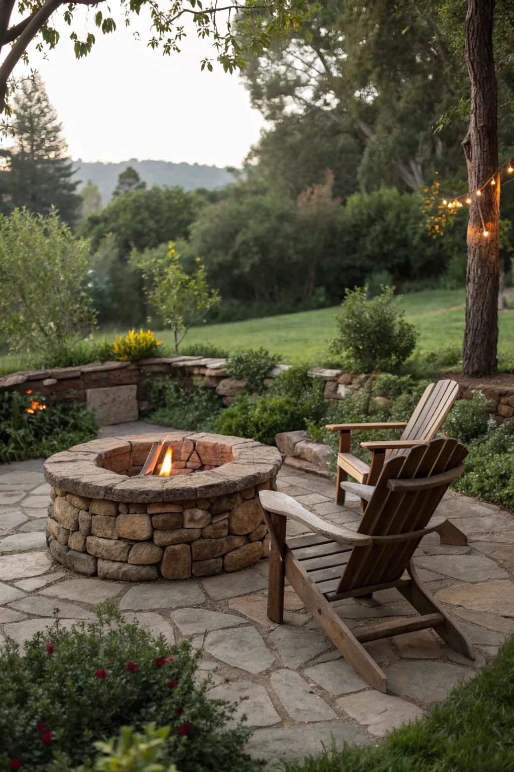 A rustic stone fire pit brings a natural charm to any garden.