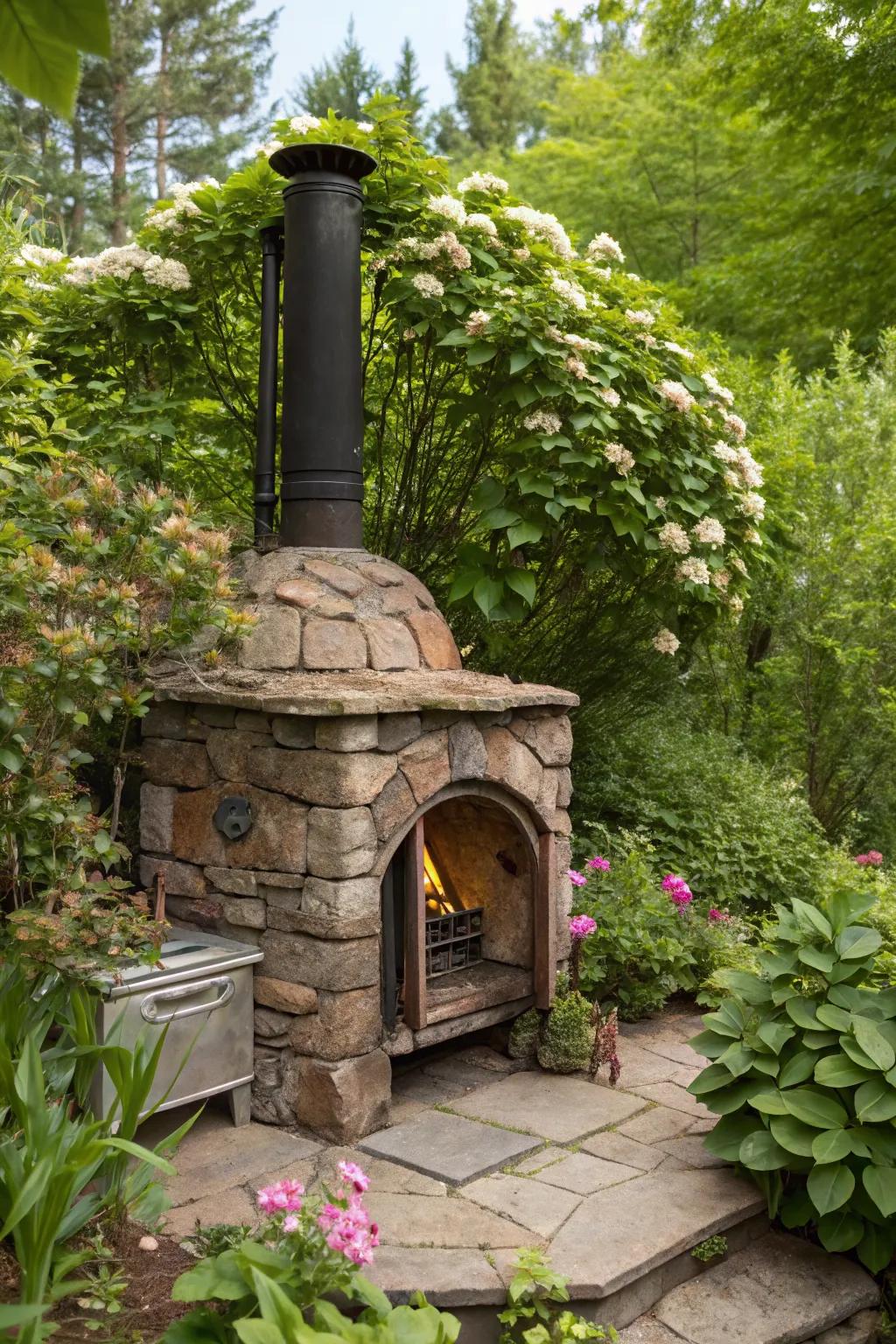 A rustic stone enclosure adds timeless charm to your outdoor stove.