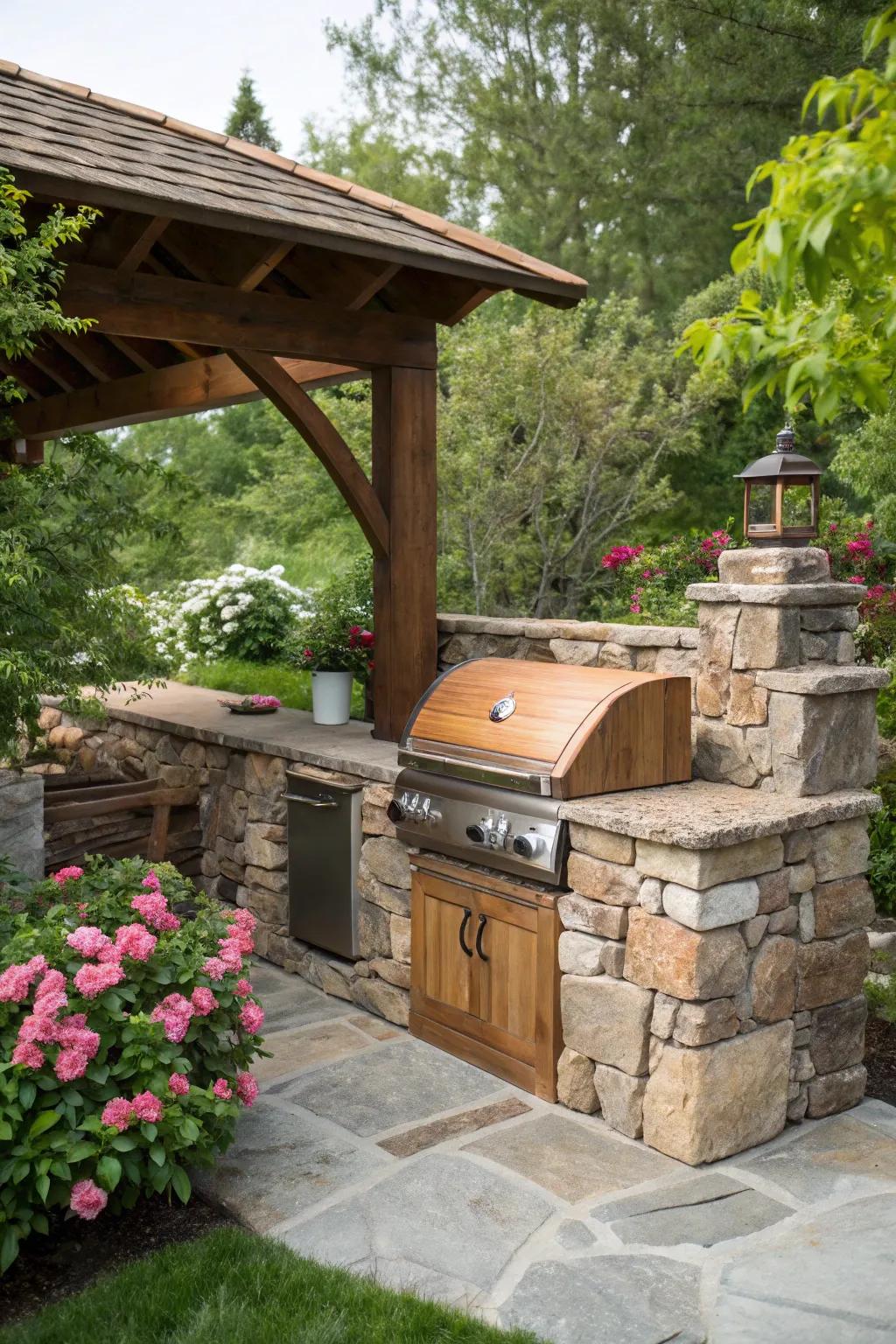 A built-in wood grill becomes a seamless part of your outdoor decor.