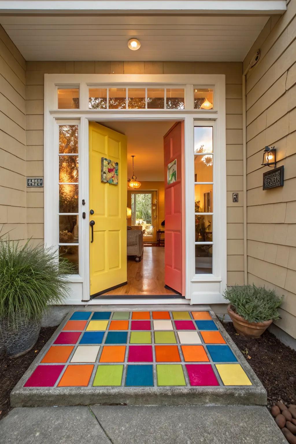 A bold and colorful tile arrangement at the front door