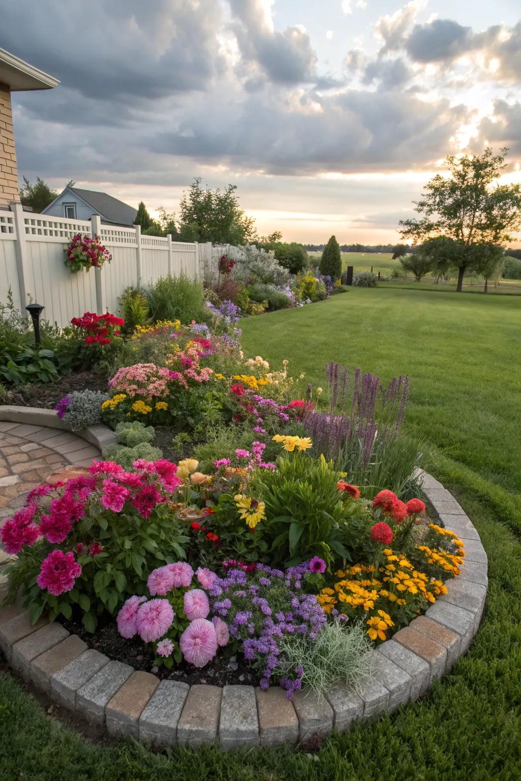 A vibrant array of colors enlivens this oval flower bed.