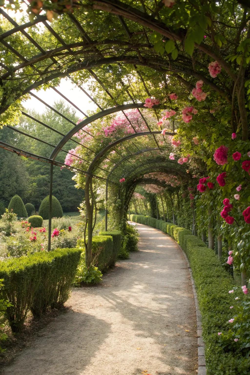 A dreamy garden path with a trellis arch adorned with greenery and blooms.