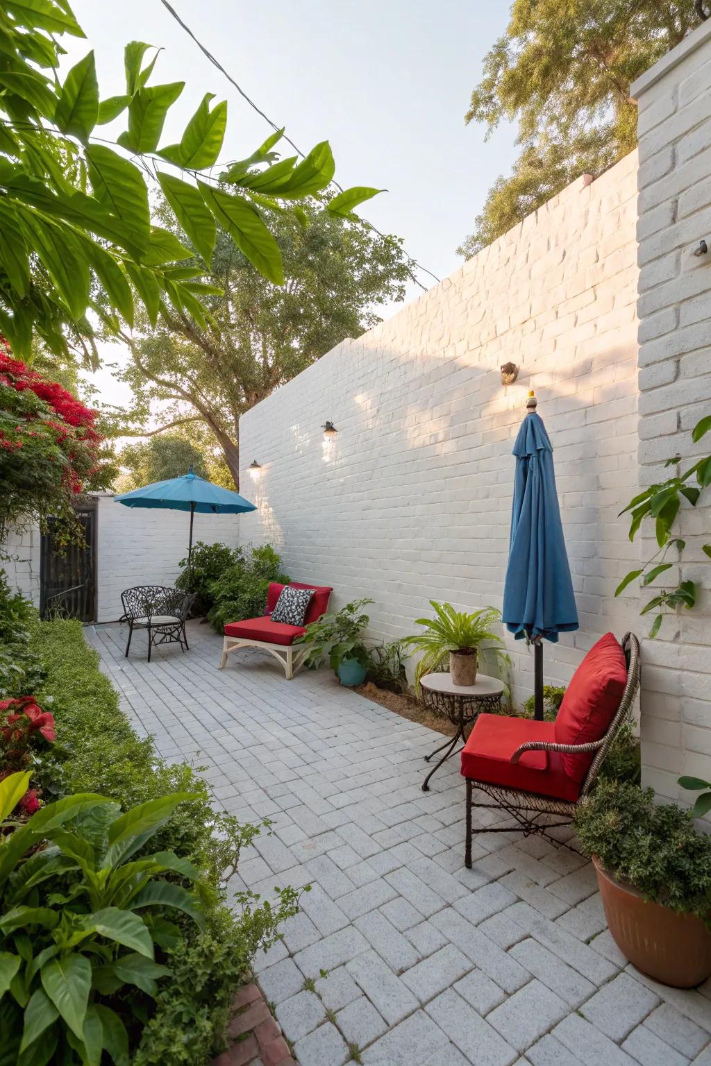 A classic white brick patio creates a crisp and inviting atmosphere.
