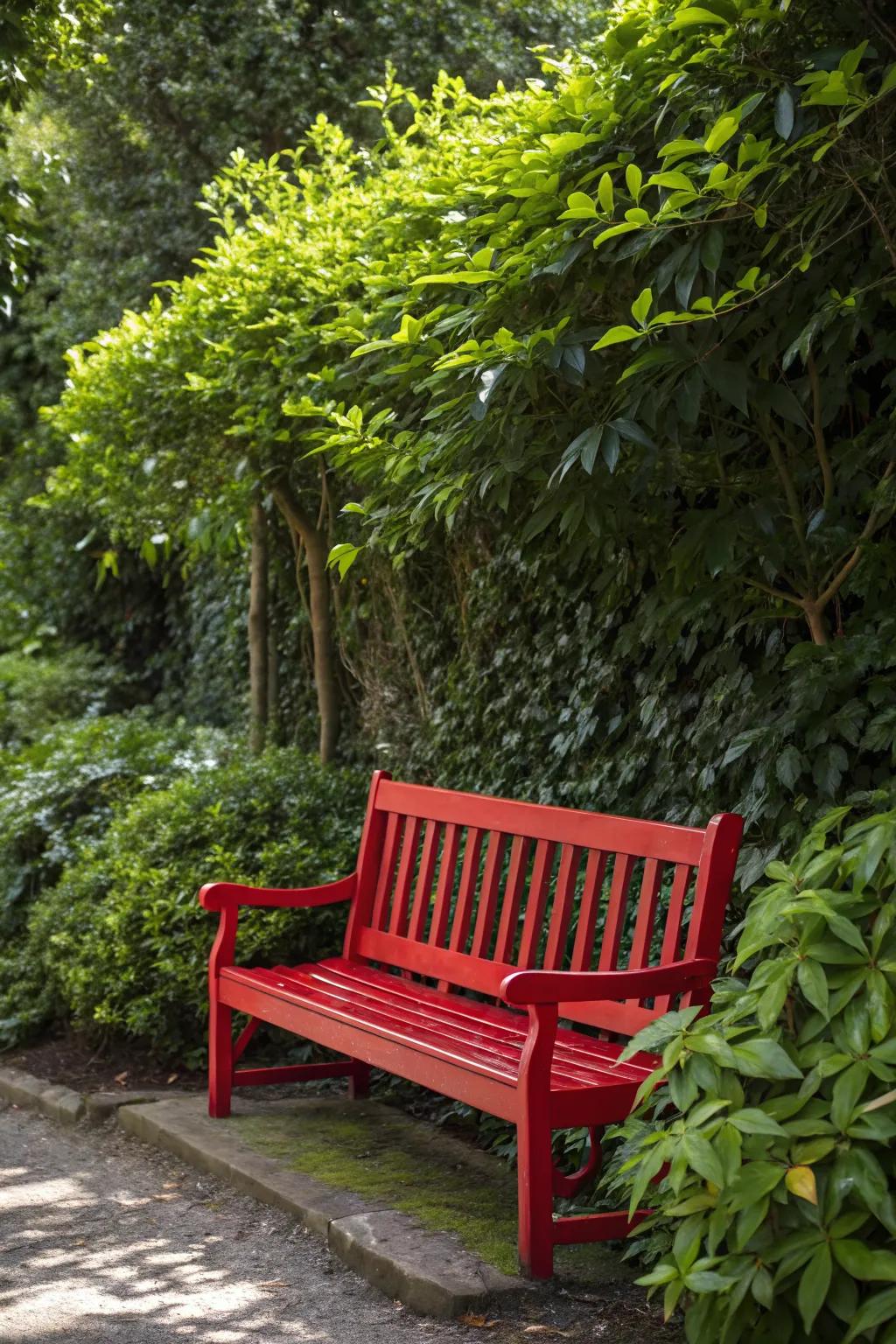 A bold red bench that stands out beautifully against lush greenery.