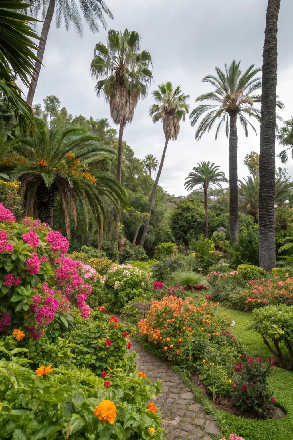 A tropical haven with a mix of palm trees and vibrant plants.
