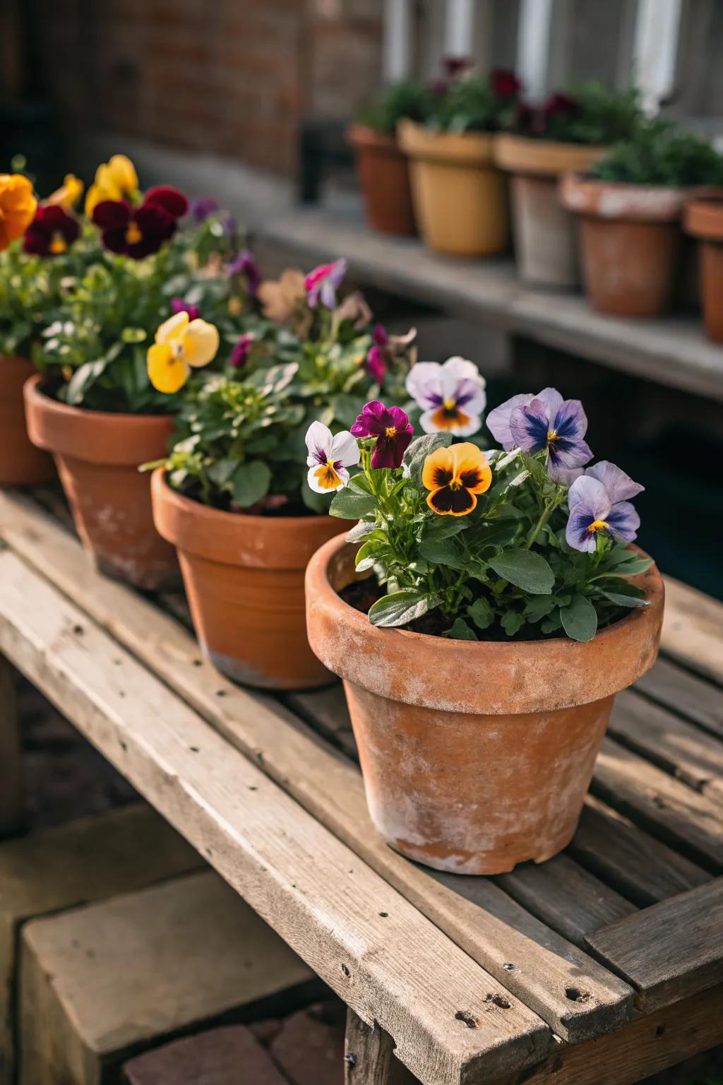 Classic terracotta pots make pansies pop.