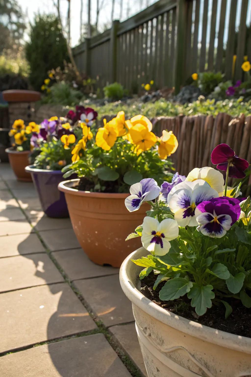 A diverse array of pansies in charming containers on a sunlit patio.