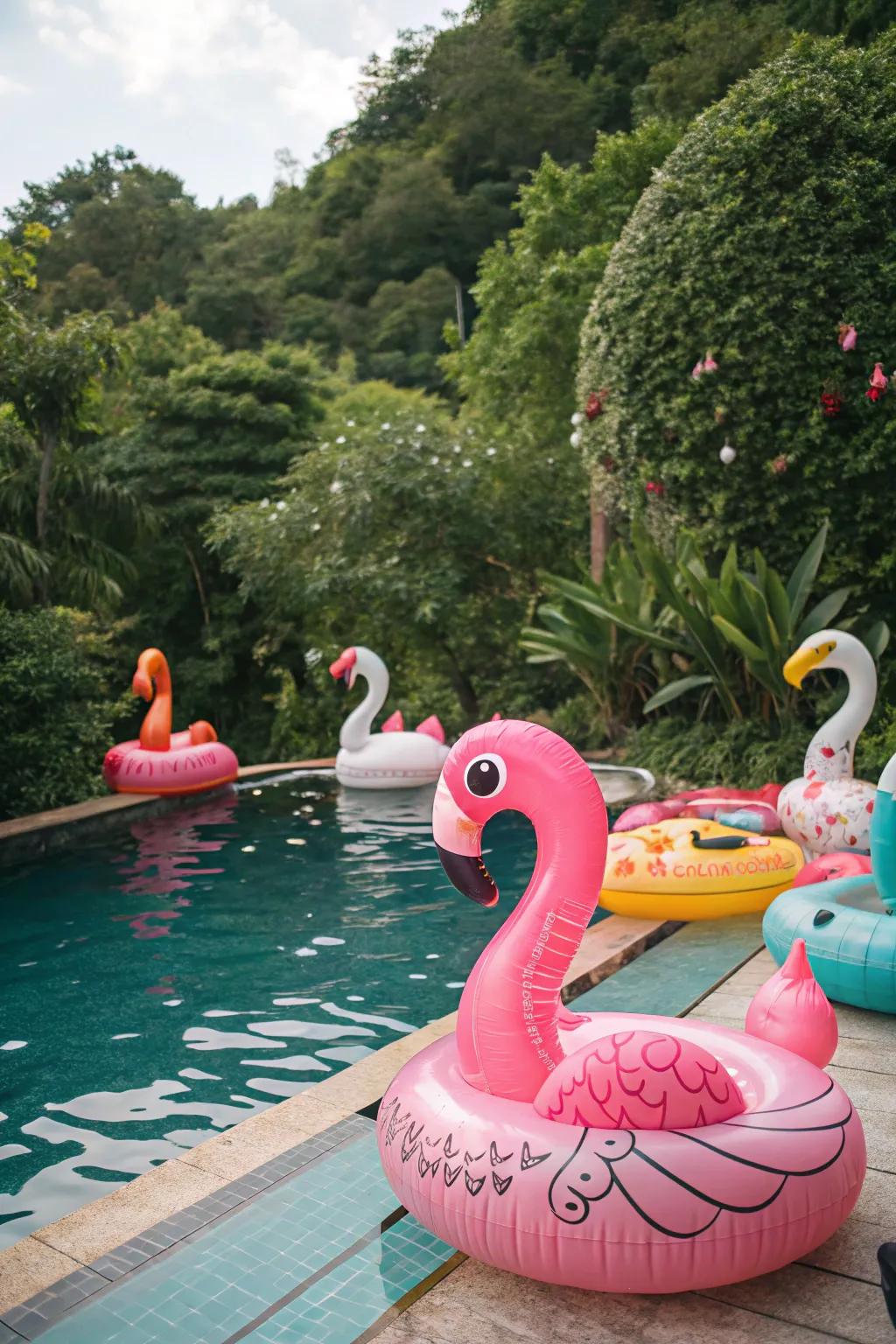 Colorful inflatable floats add a touch of whimsy and fun to any pool party.