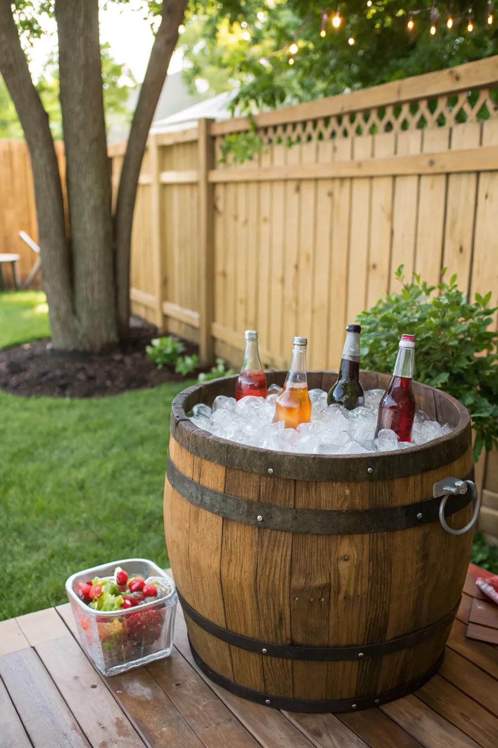 A rustic wooden barrel cooler filled with ice and colorful drinks.