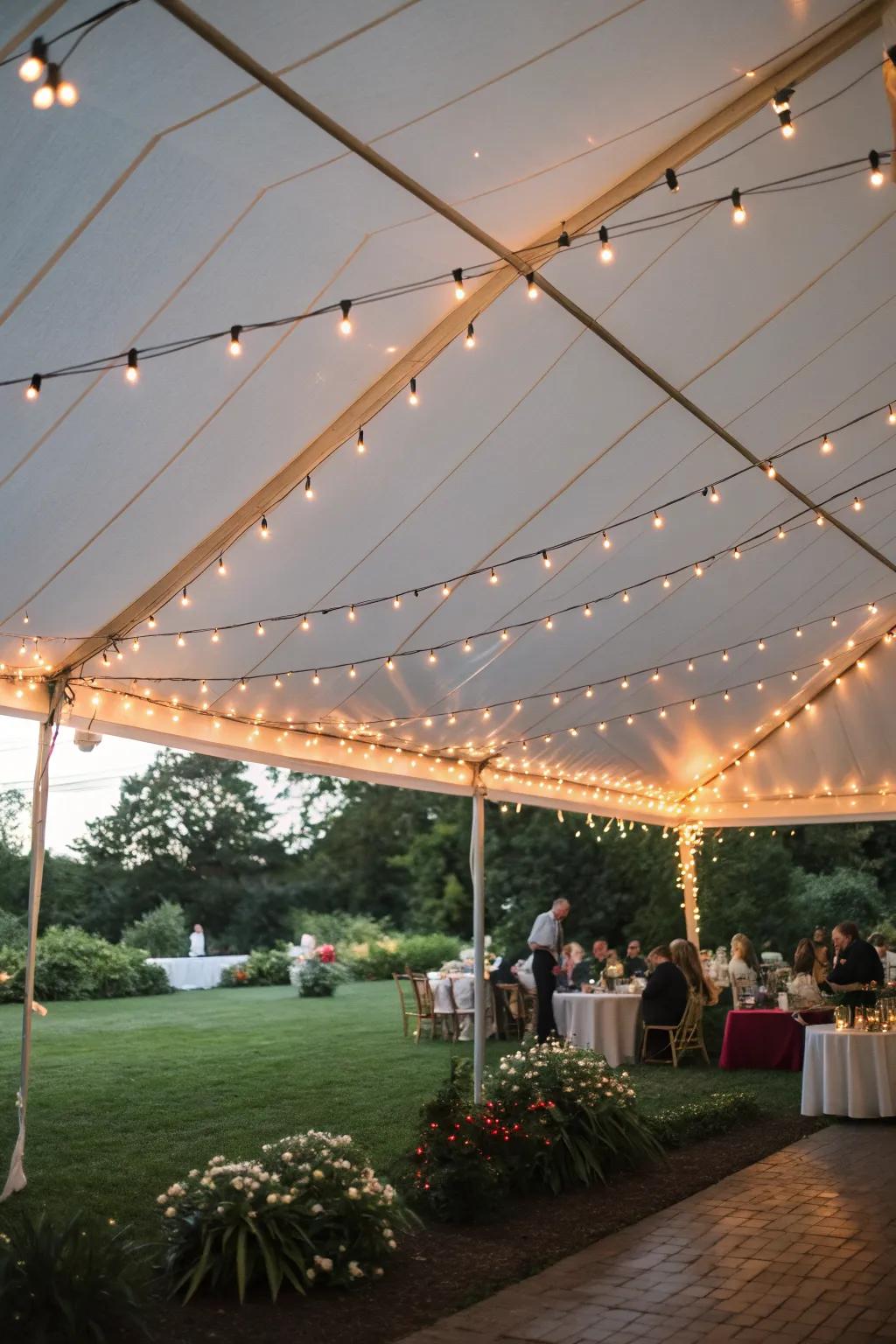 String lights draped for a cozy tent atmosphere.
