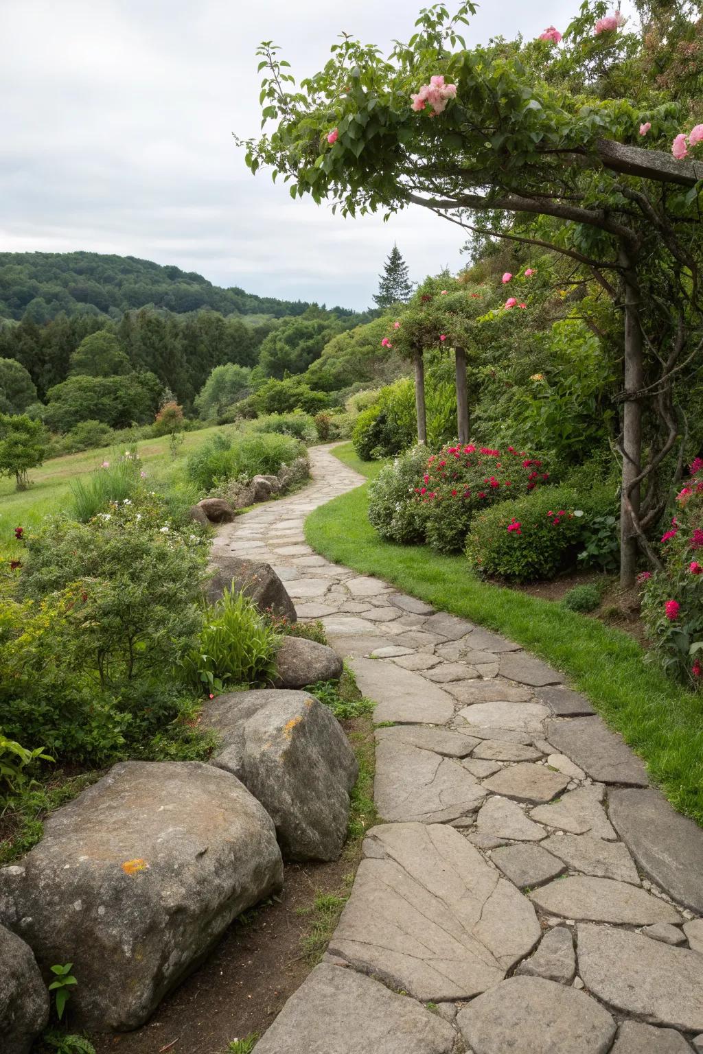 Natural stone edging adds a rustic charm to any garden path.