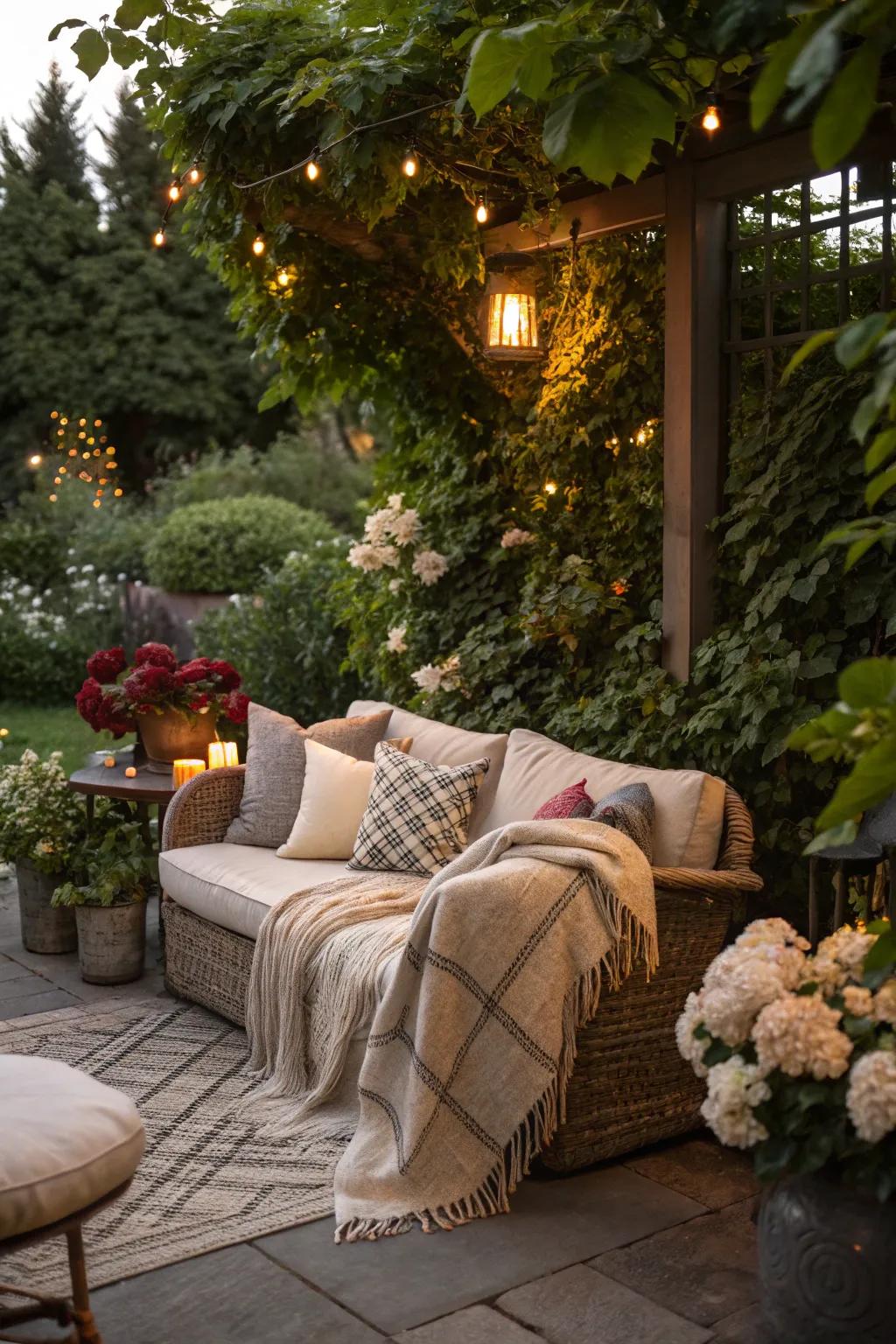A cozy seating area with plush cushions and blankets invites relaxation.