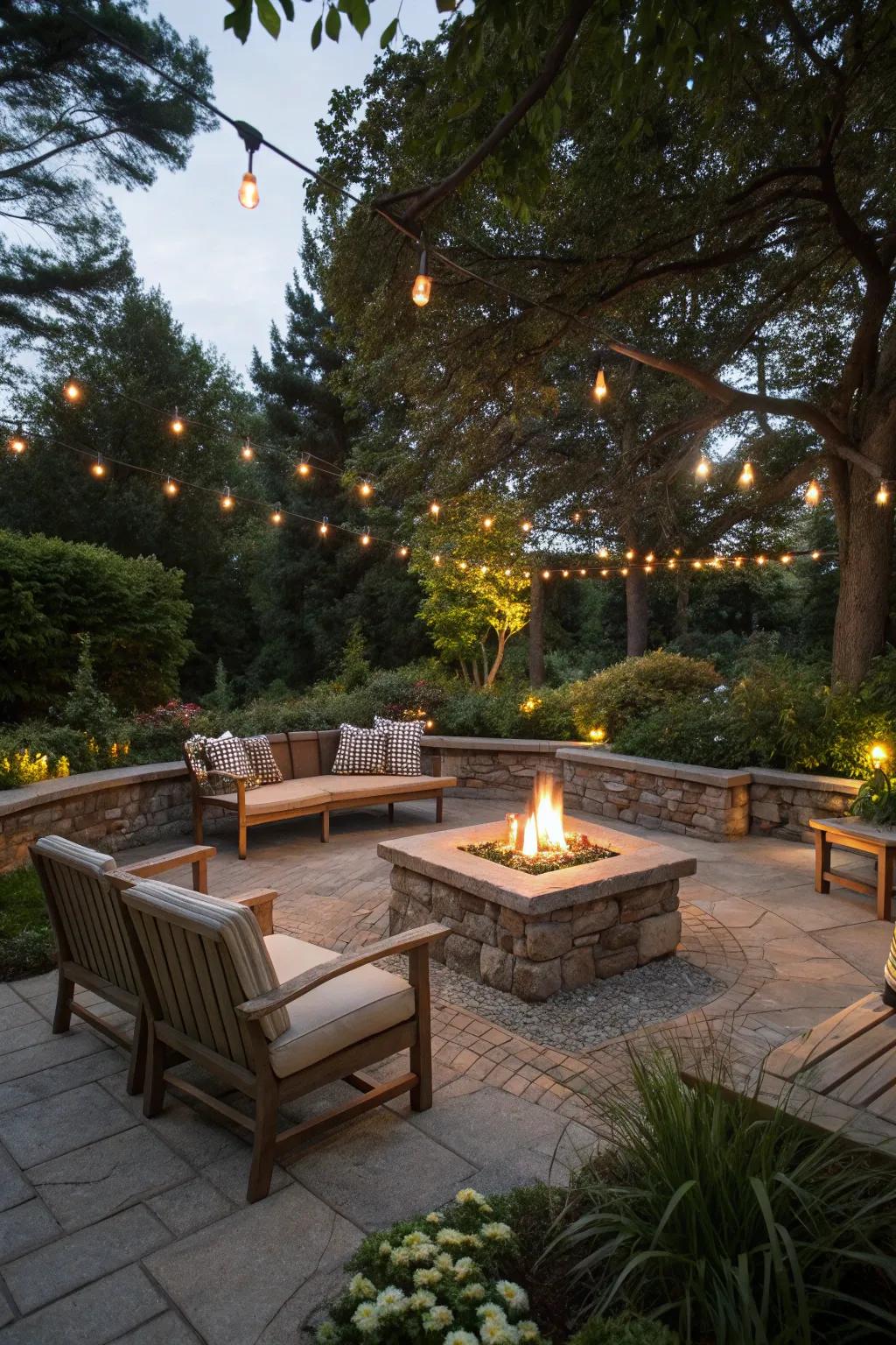 A welcoming circle of benches around a fire pit for cozy gatherings.