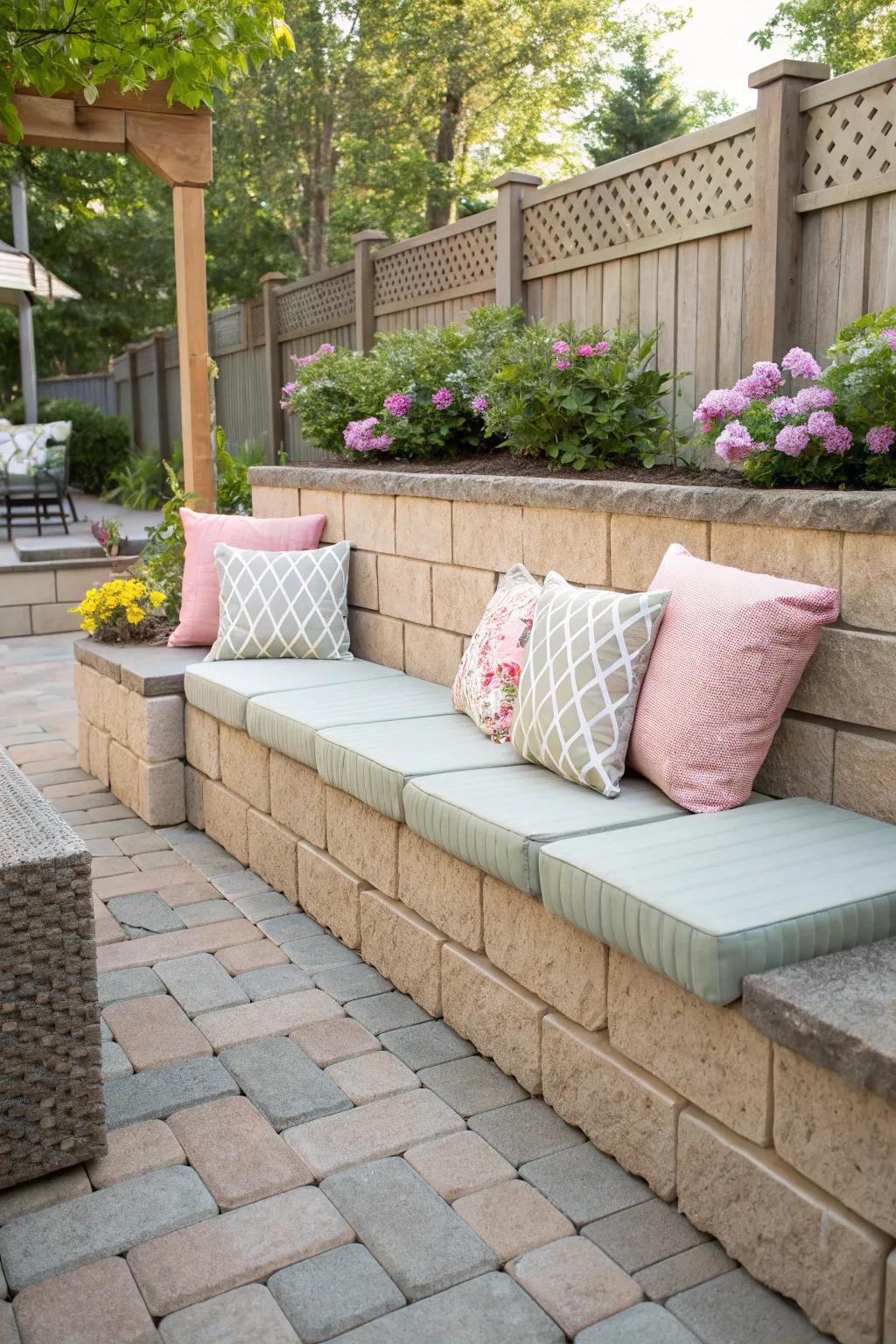 Block wall seating area with plush cushions for ultimate comfort.