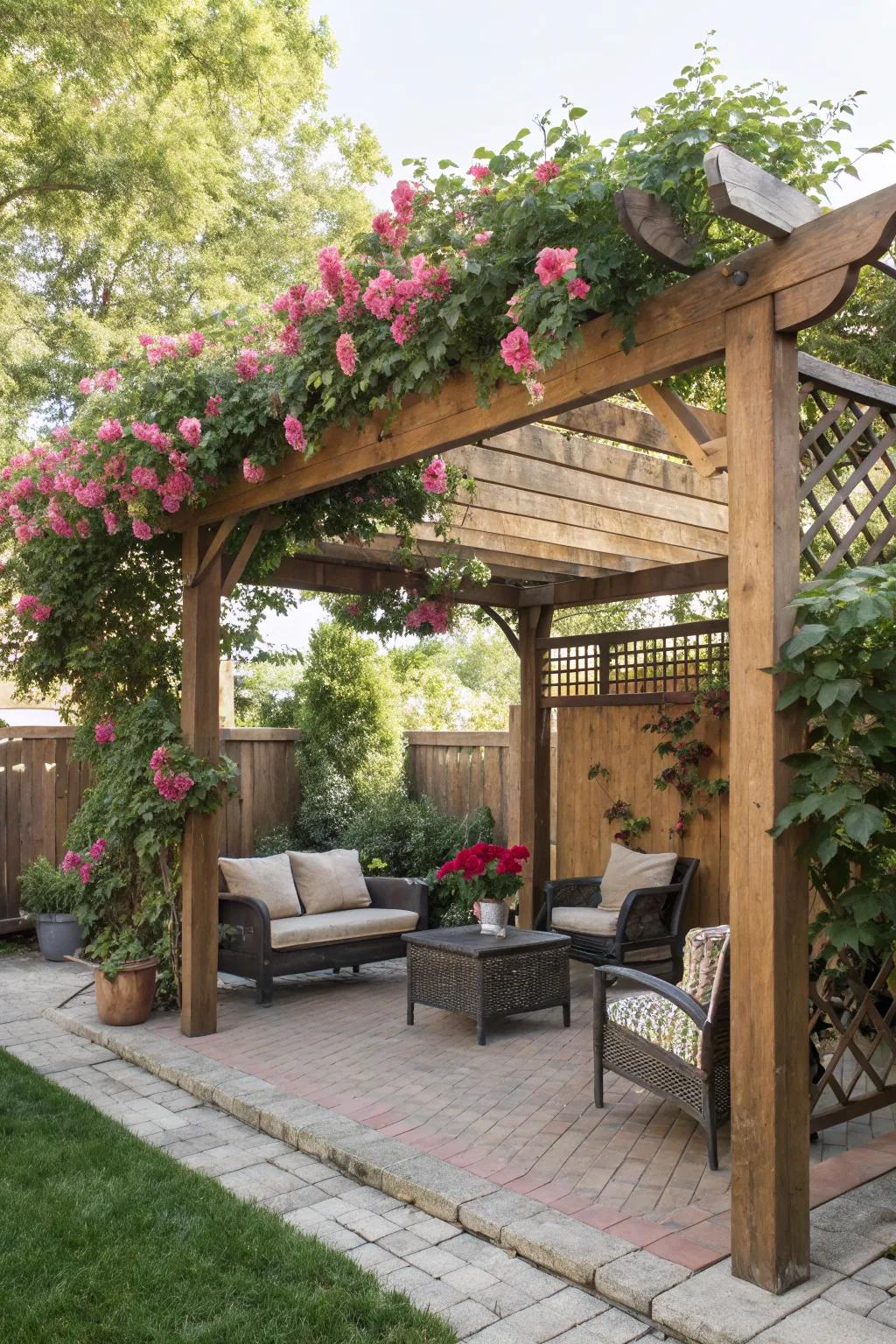 A cozy patio corner with a wooden pergola draped in flowering vines.
