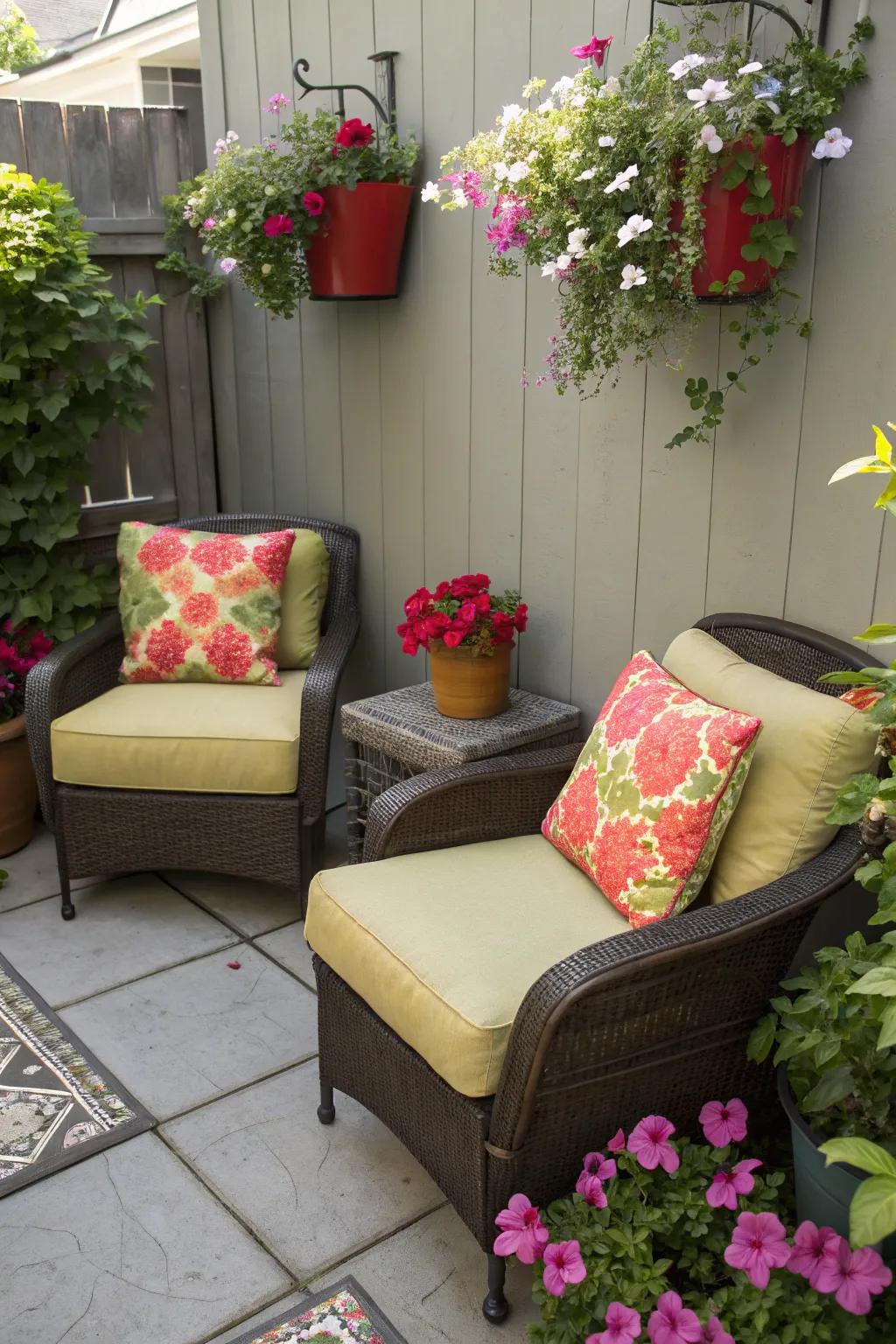 A cozy outdoor nook with inviting plush armchairs perfect for morning relaxation.
