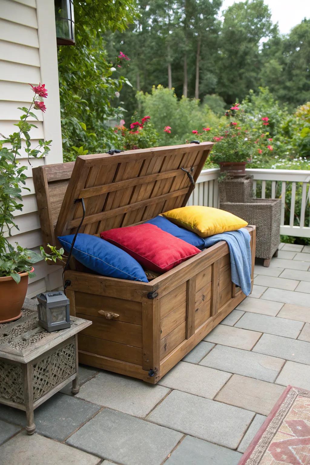 A stylish wooden bench that doubles as a storage unit for patio cushions.