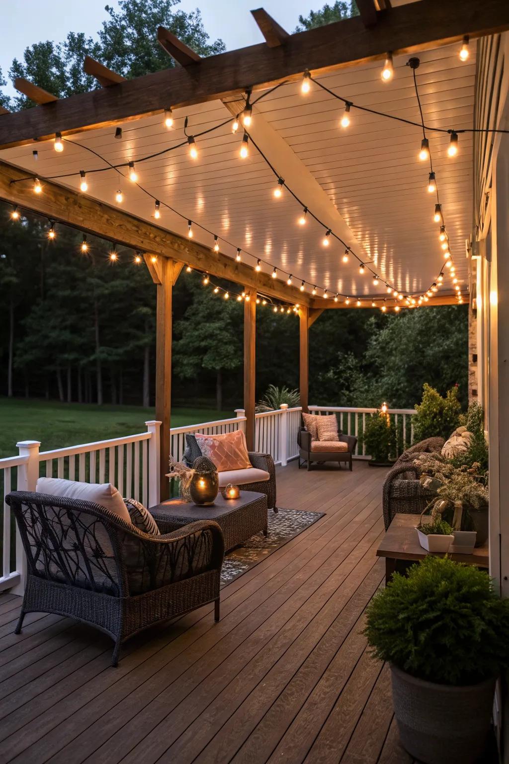 String lights create a cozy and inviting atmosphere on any patio deck.